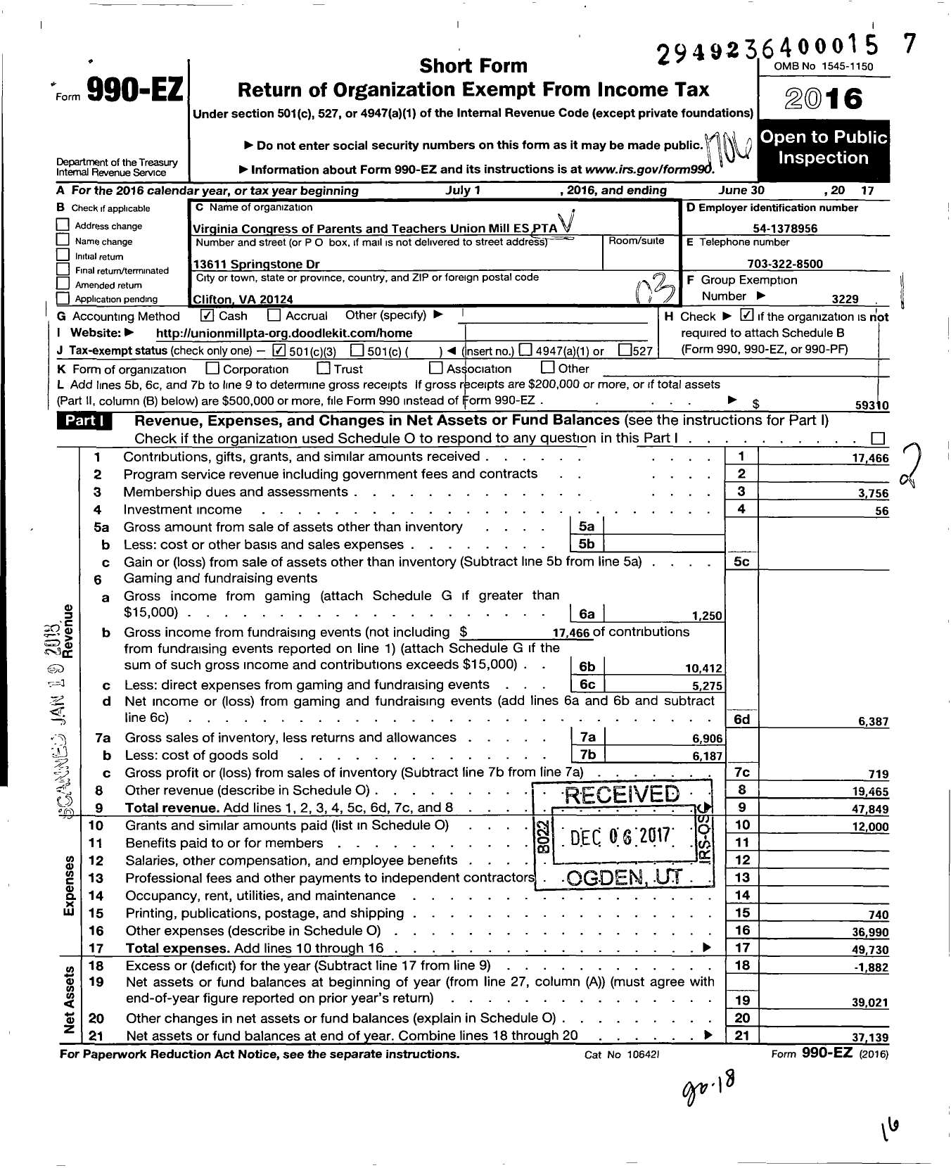 Image of first page of 2016 Form 990EZ for Virginia PTA - Union Mill Elem PTA