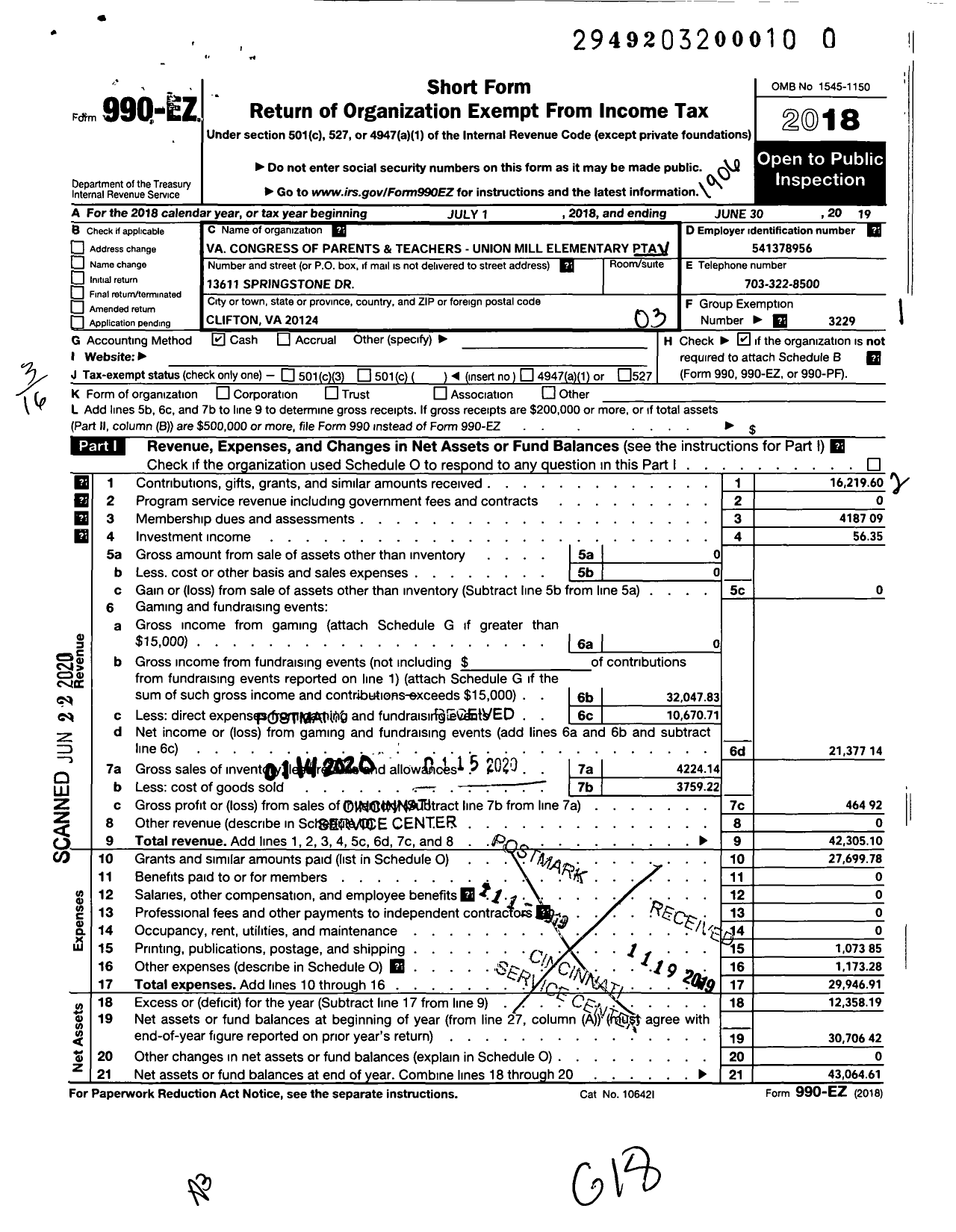 Image of first page of 2018 Form 990EZ for Virginia PTA - Union Mill Elem PTA