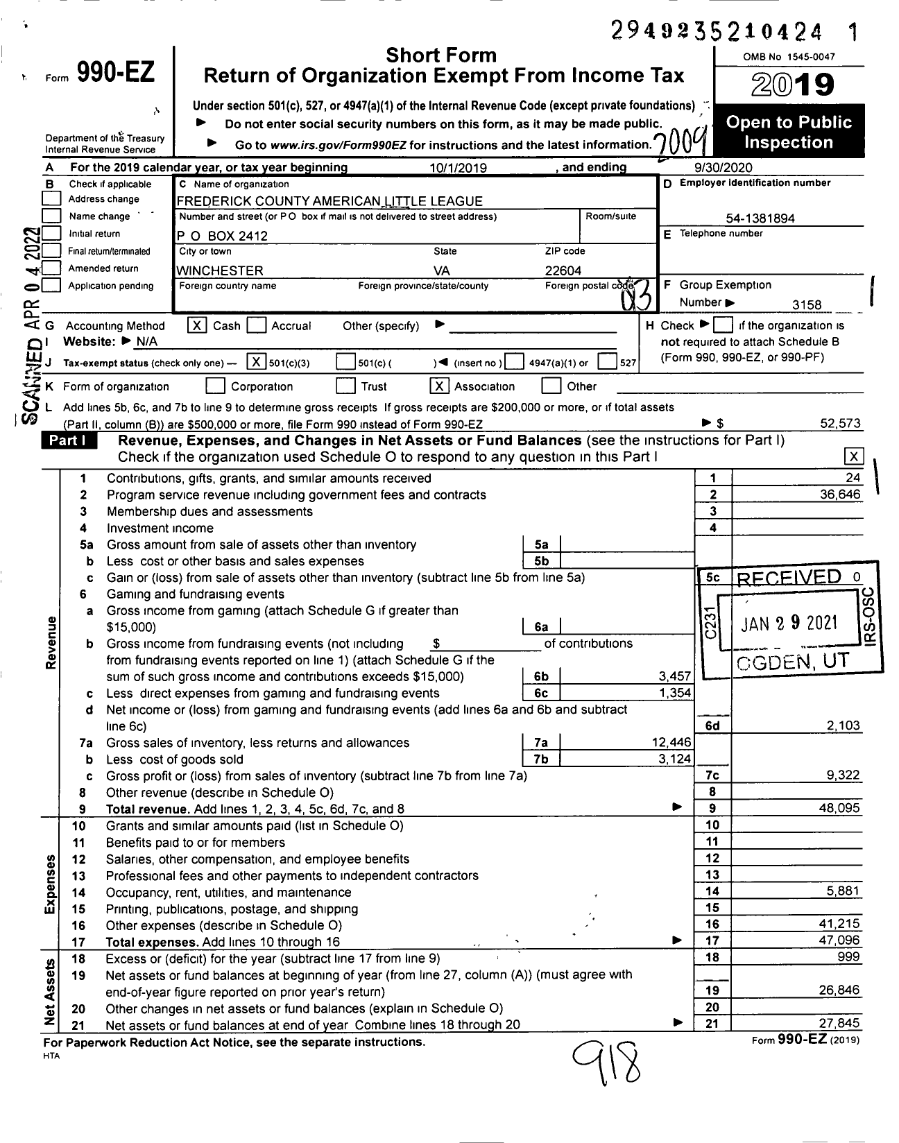 Image of first page of 2019 Form 990EZ for Little League Baseball - 3460313 Frederick County American L