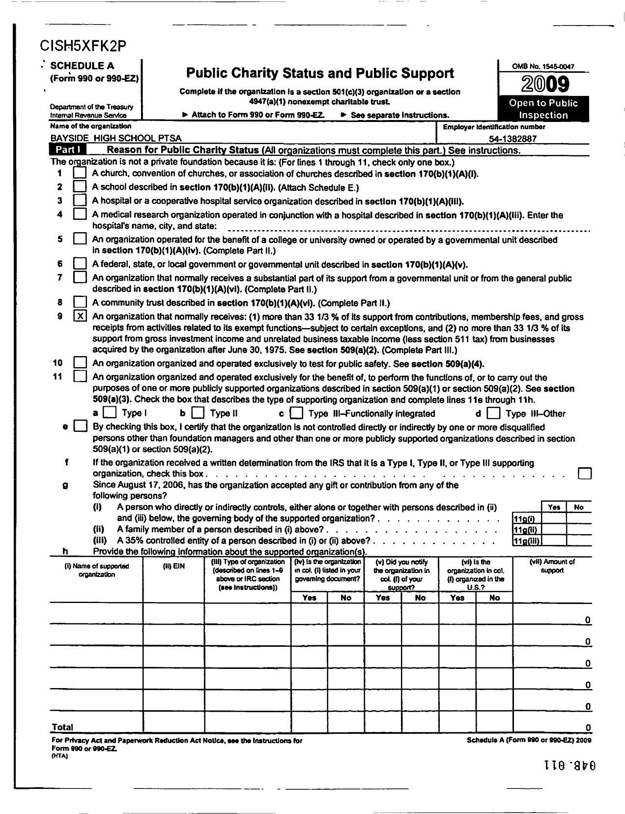 Image of first page of 2009 Form 990ER for Virginia PTA - Bayside High Ptsa