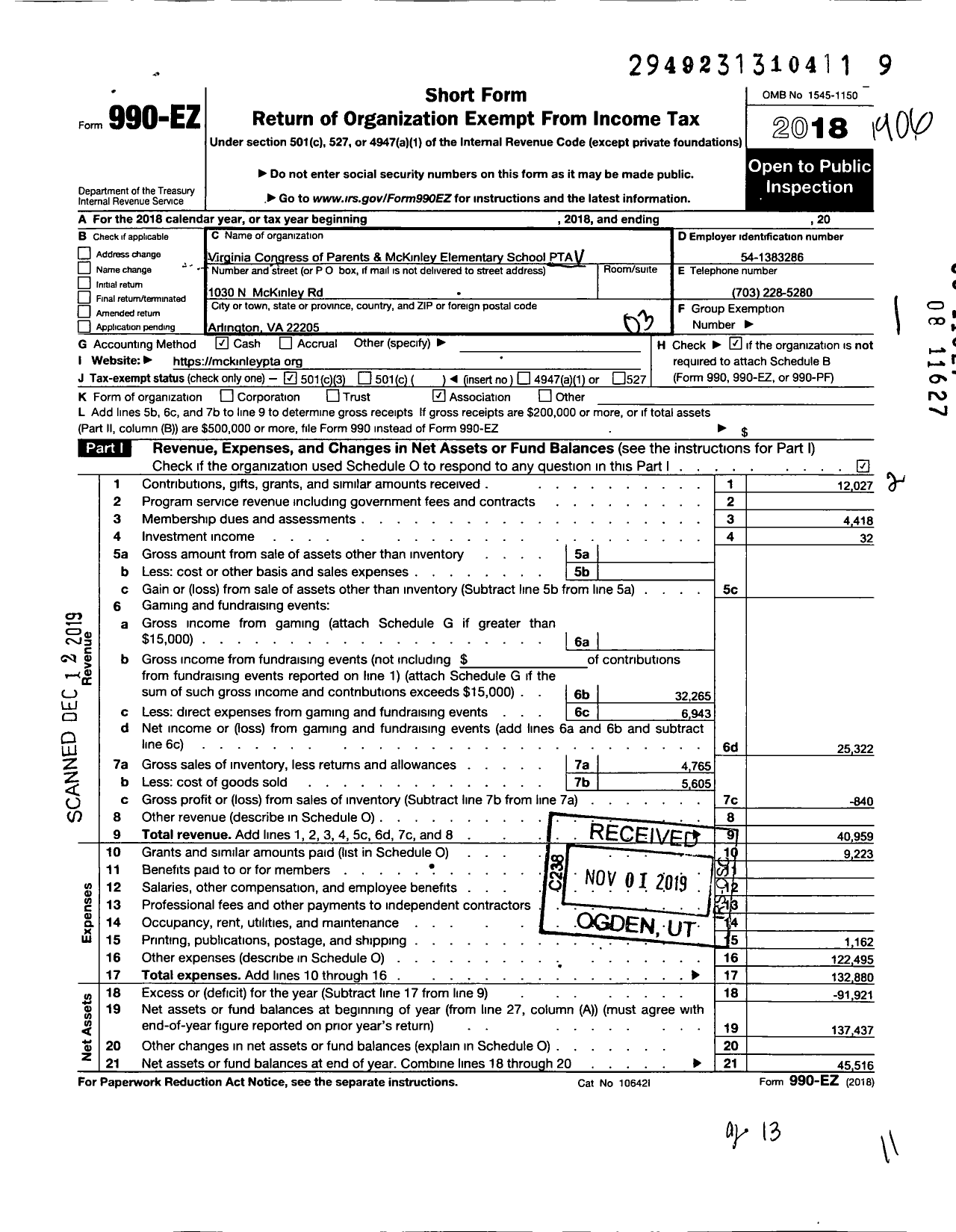 Image of first page of 2018 Form 990EZ for Virginia PTA - Cardinal Elementary School PTA