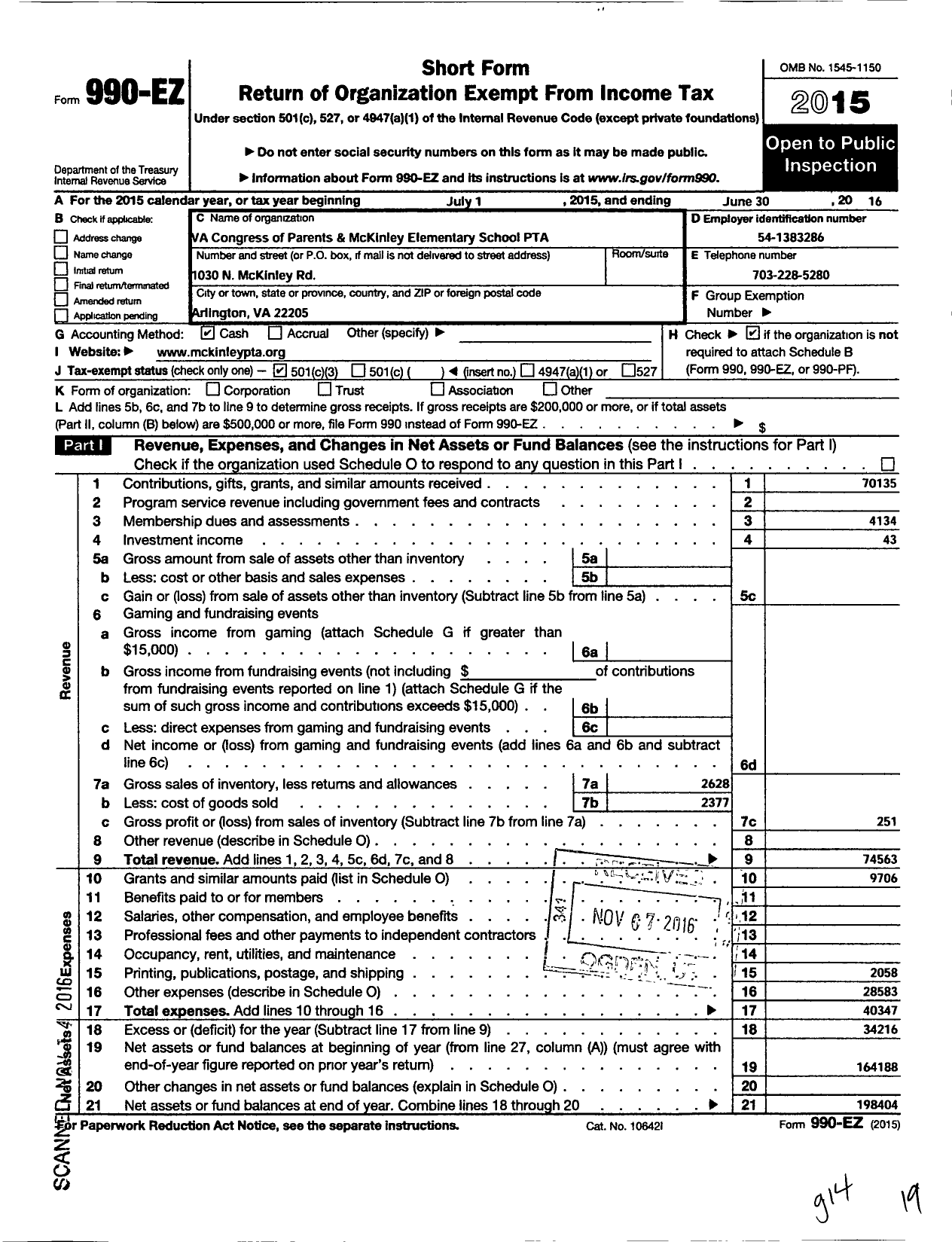 Image of first page of 2015 Form 990EZ for Virginia PTA - Cardinal Elementary School PTA