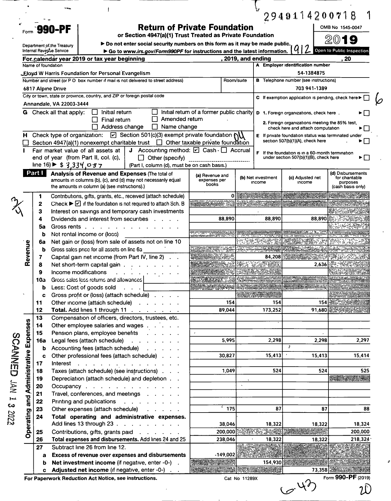 Image of first page of 2019 Form 990PF for Floyd W Harris Foundation for Personal Evangelism