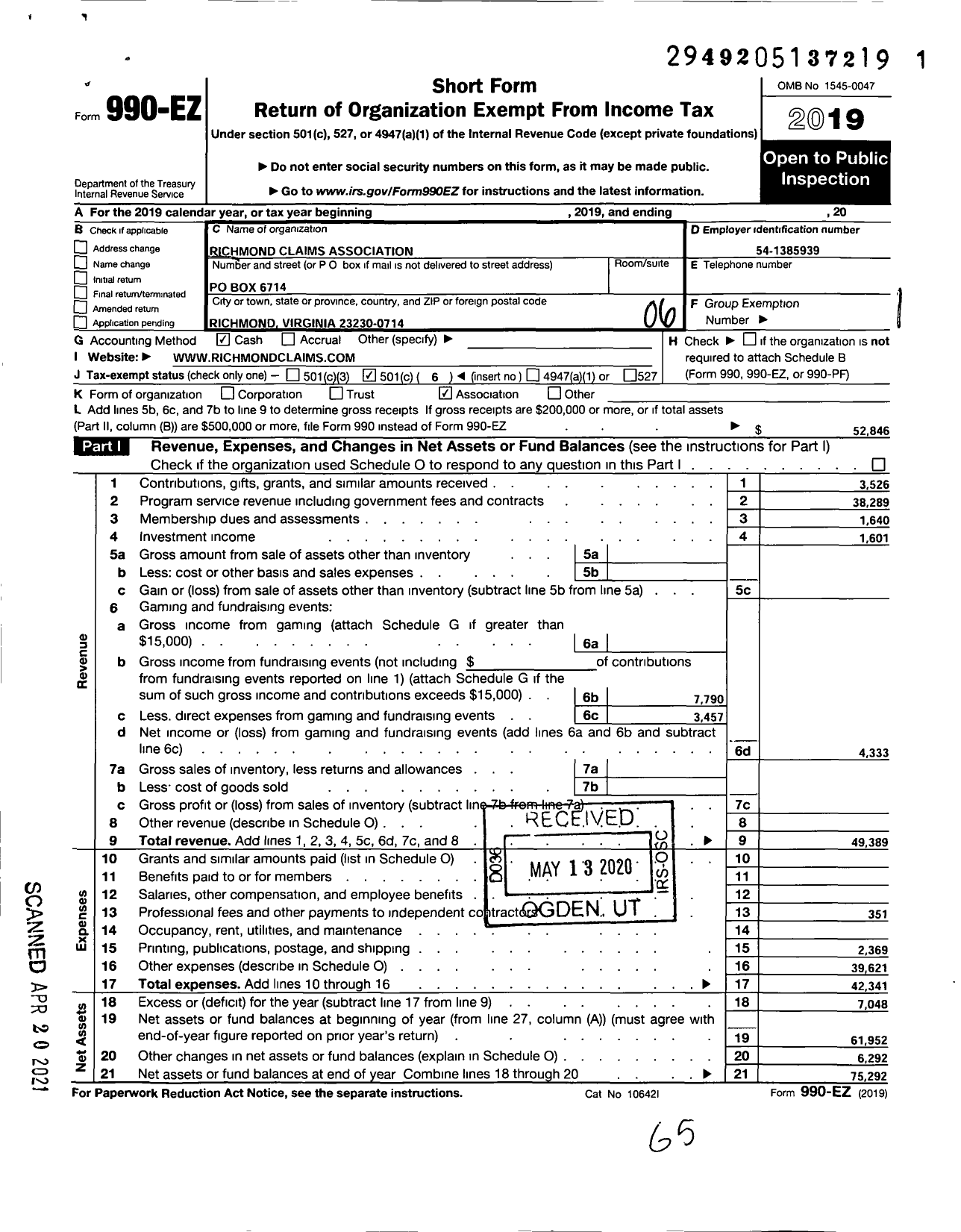 Image of first page of 2019 Form 990EO for Richmond Claims Association
