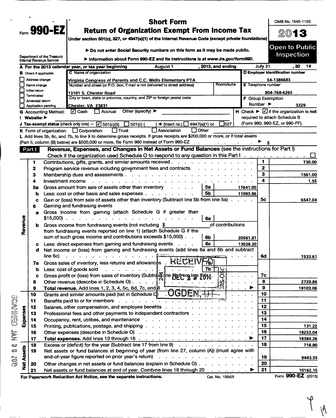 Image of first page of 2013 Form 990EZ for Virginia PTA - C C Wells Elem PTA