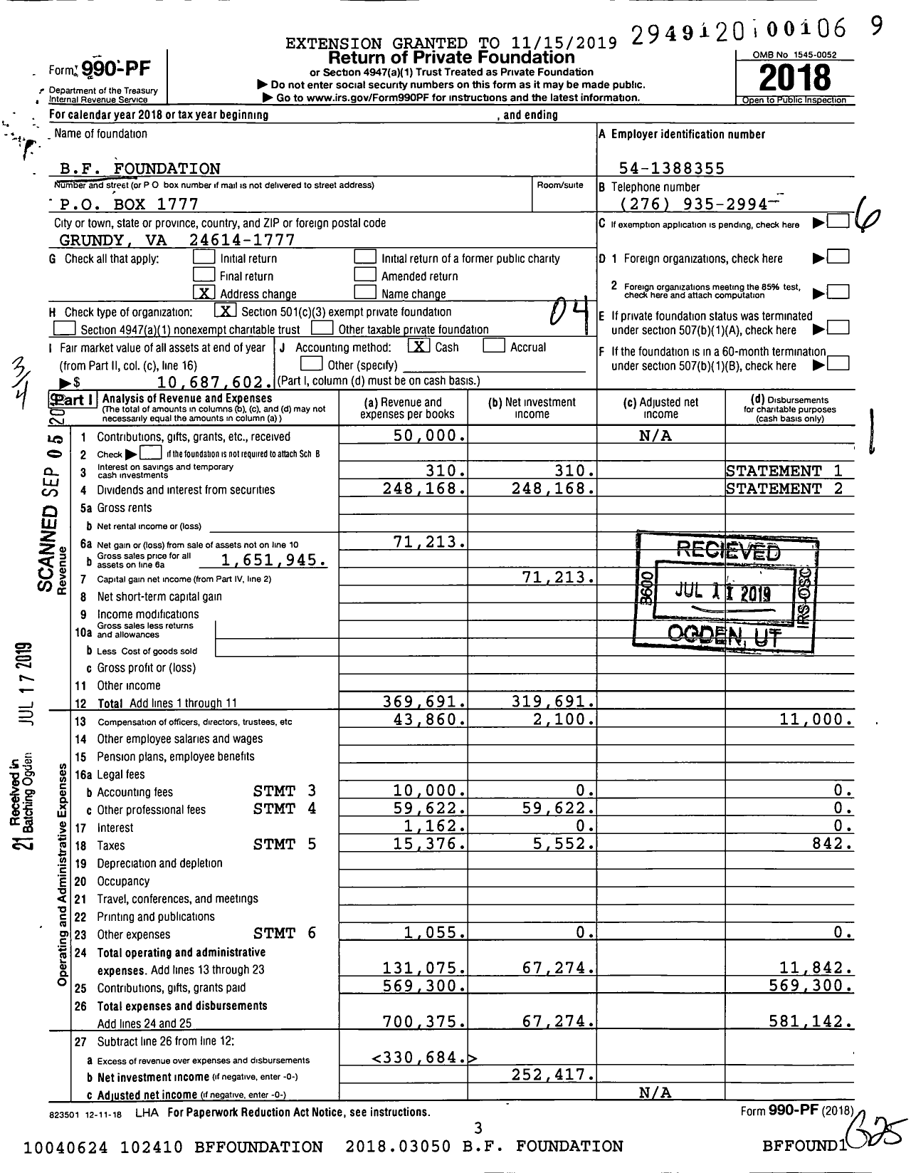Image of first page of 2018 Form 990PF for BF Foundation