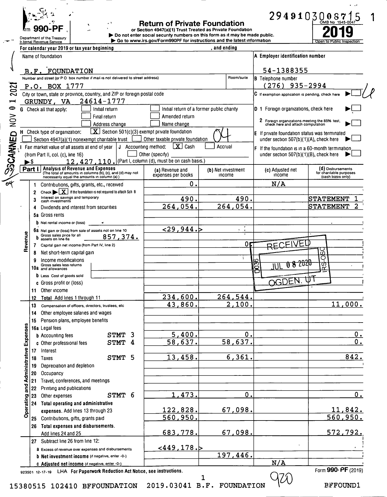Image of first page of 2019 Form 990PF for BF Foundation
