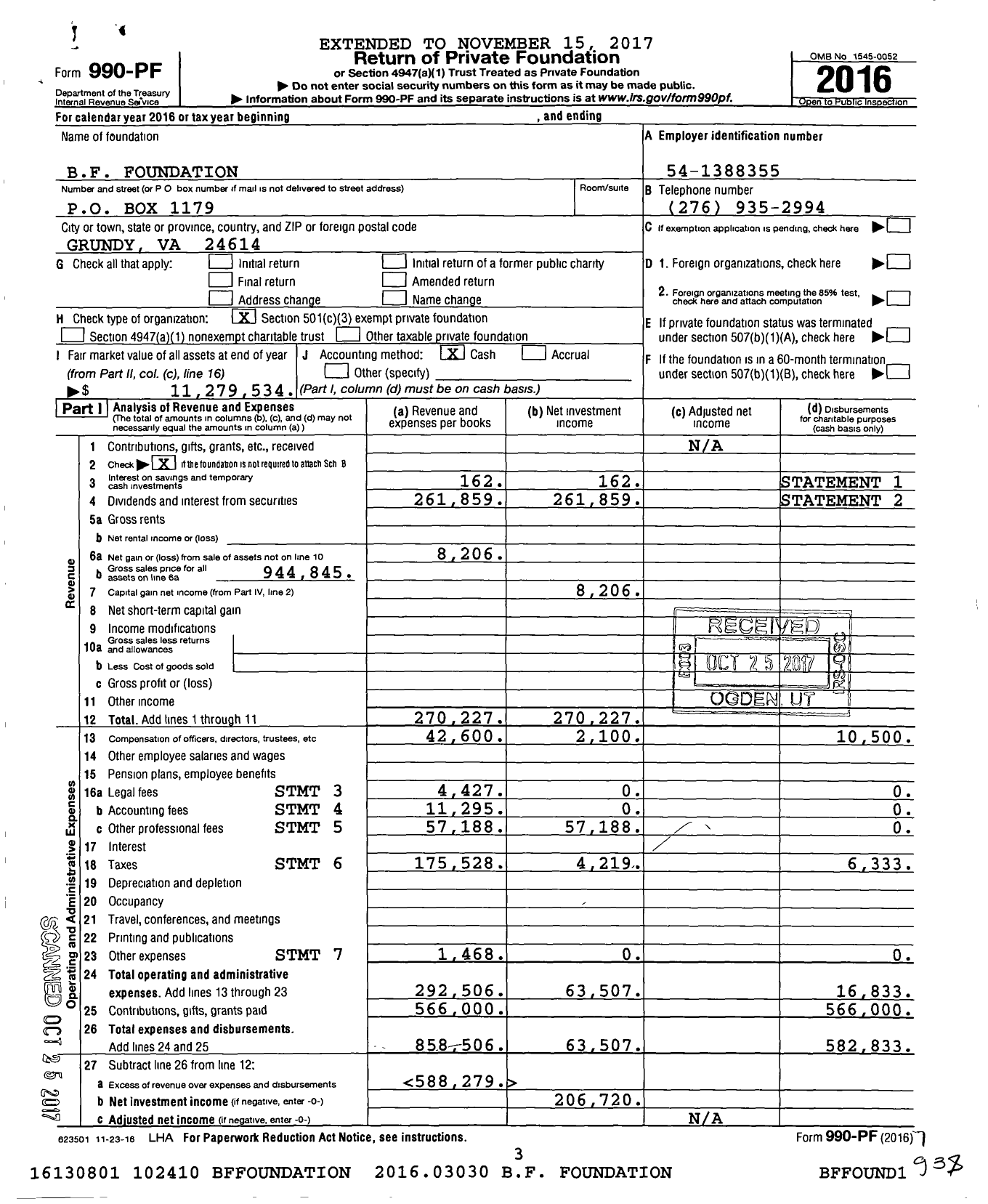 Image of first page of 2016 Form 990PF for BF Foundation