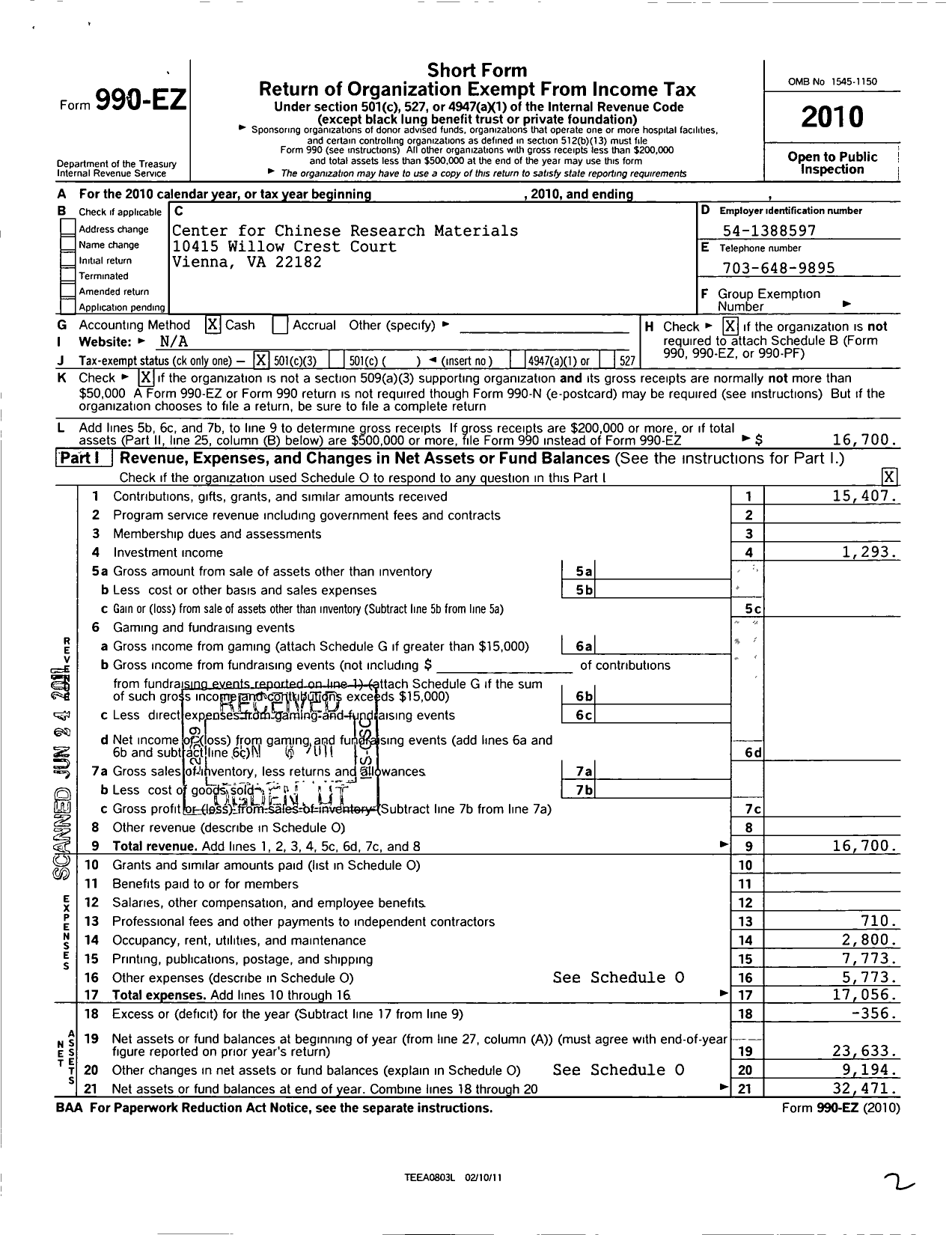 Image of first page of 2010 Form 990EZ for Center for Chinese Research Materials