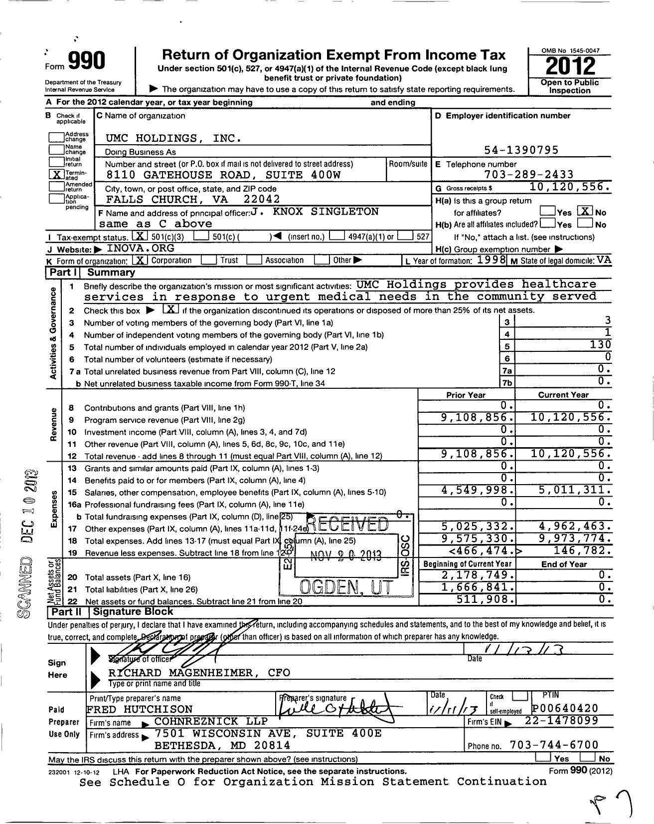 Image of first page of 2012 Form 990 for Umc Holdings