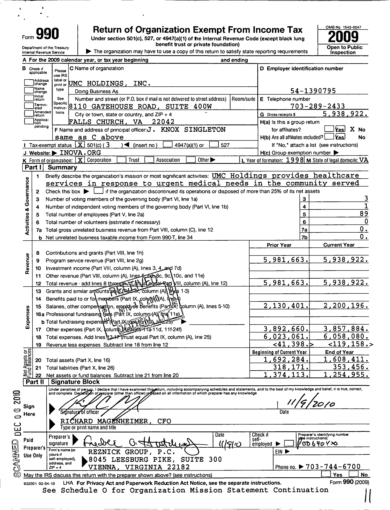 Image of first page of 2009 Form 990 for Umc Holdings