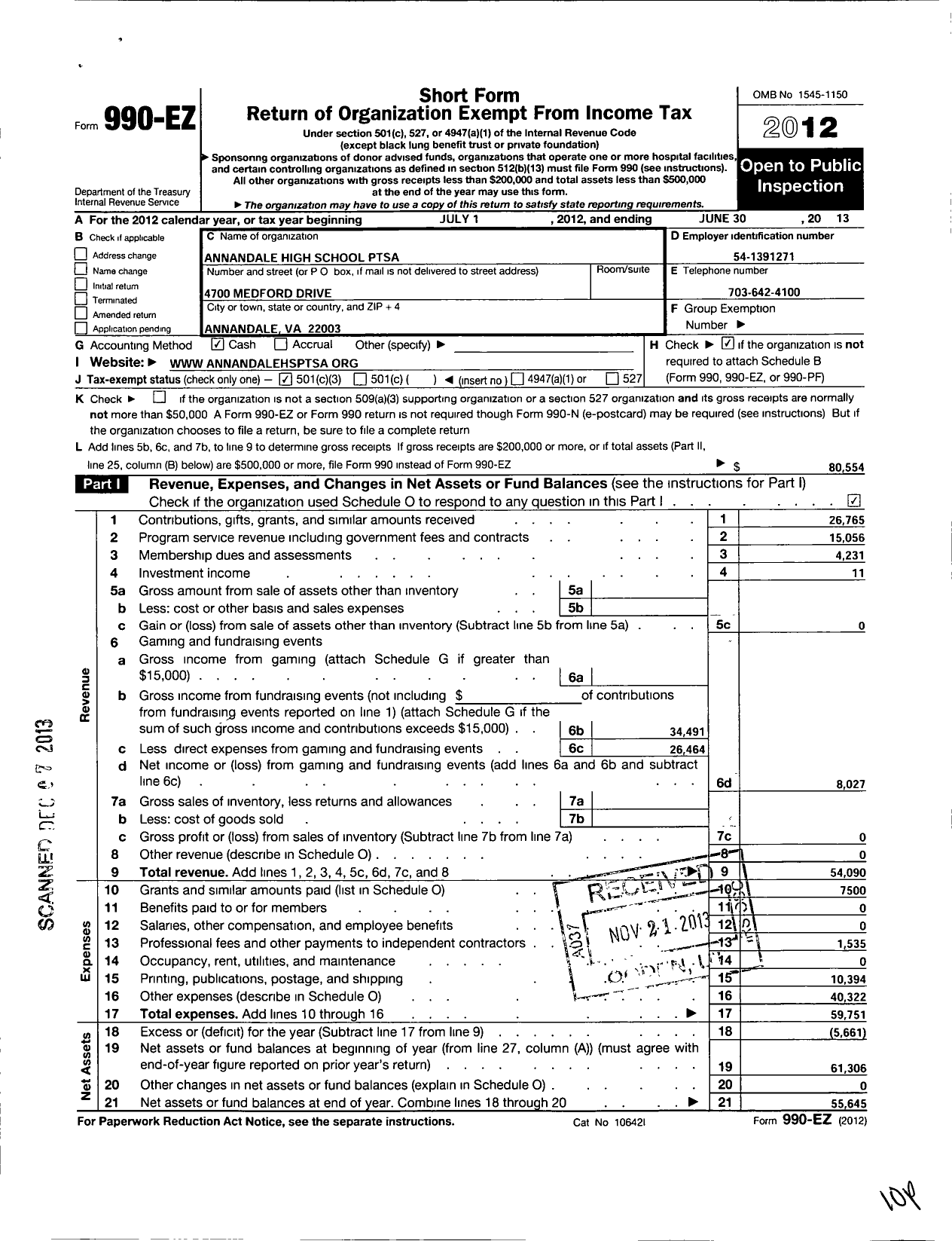 Image of first page of 2012 Form 990EZ for Virginia PTA - Annandale High Ptsa