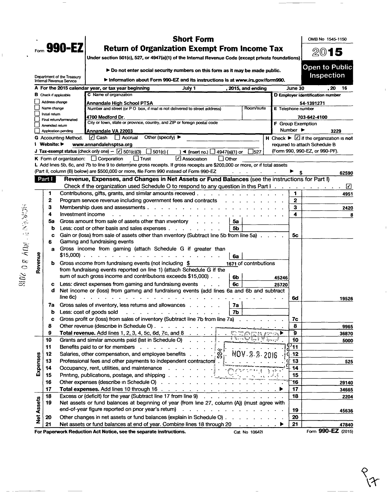 Image of first page of 2015 Form 990EZ for Virginia PTA - Annandale High Ptsa