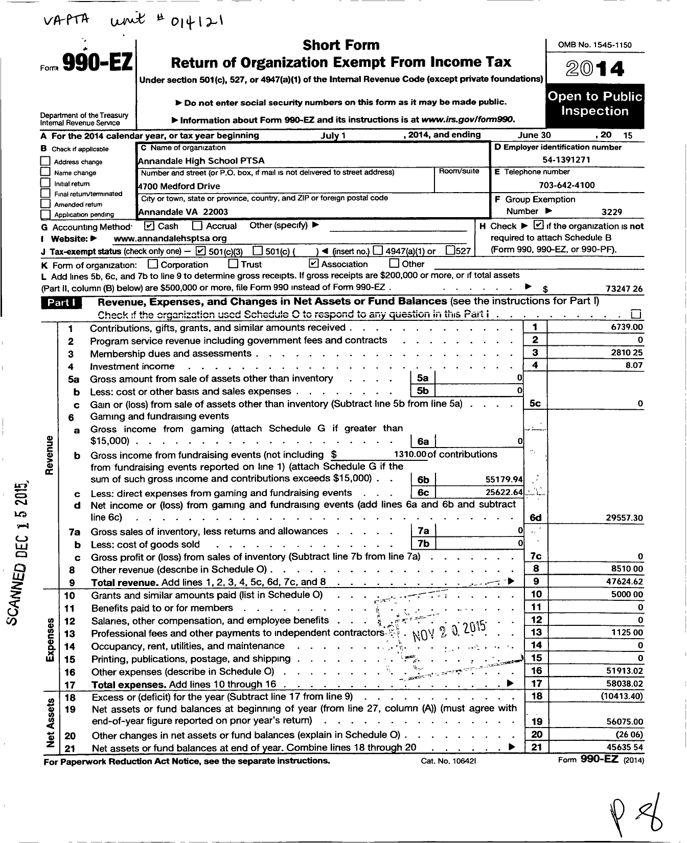 Image of first page of 2014 Form 990EZ for Virginia PTA - Annandale High PTSA