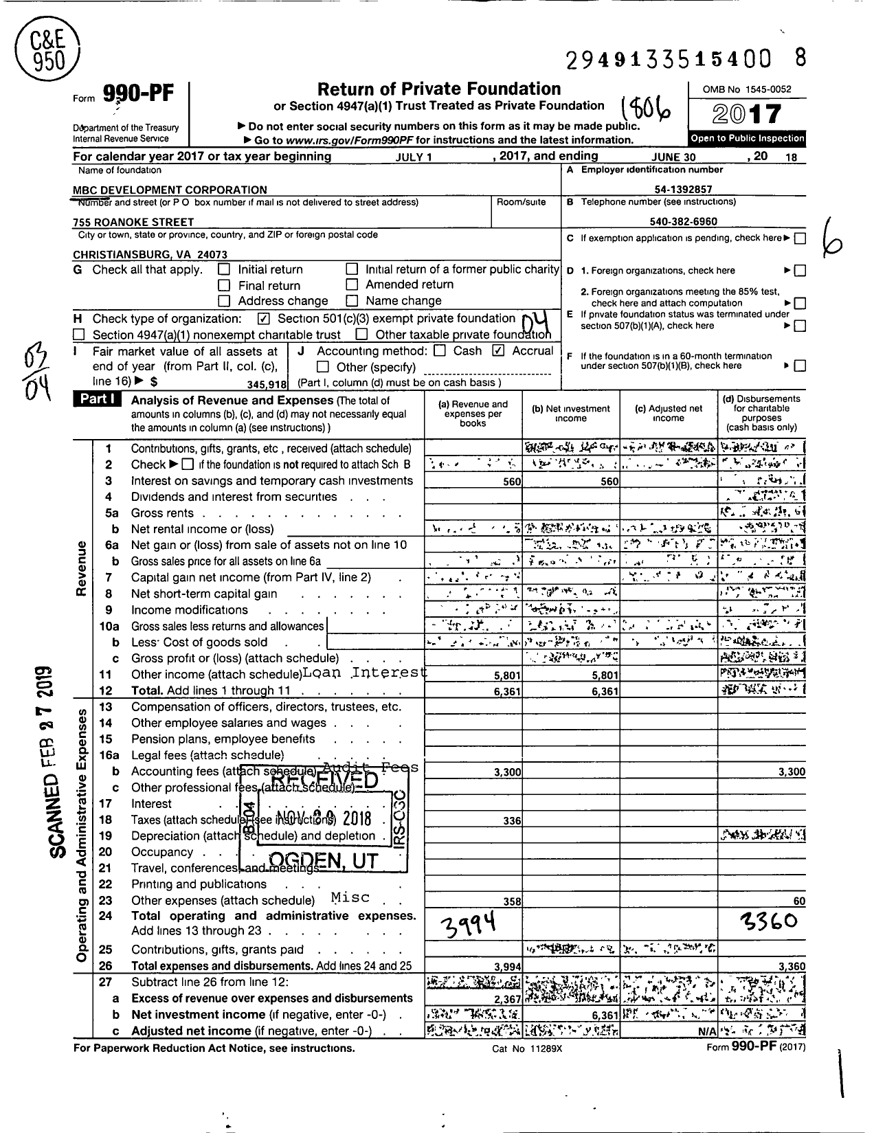 Image of first page of 2017 Form 990PF for MBC Development Corporation