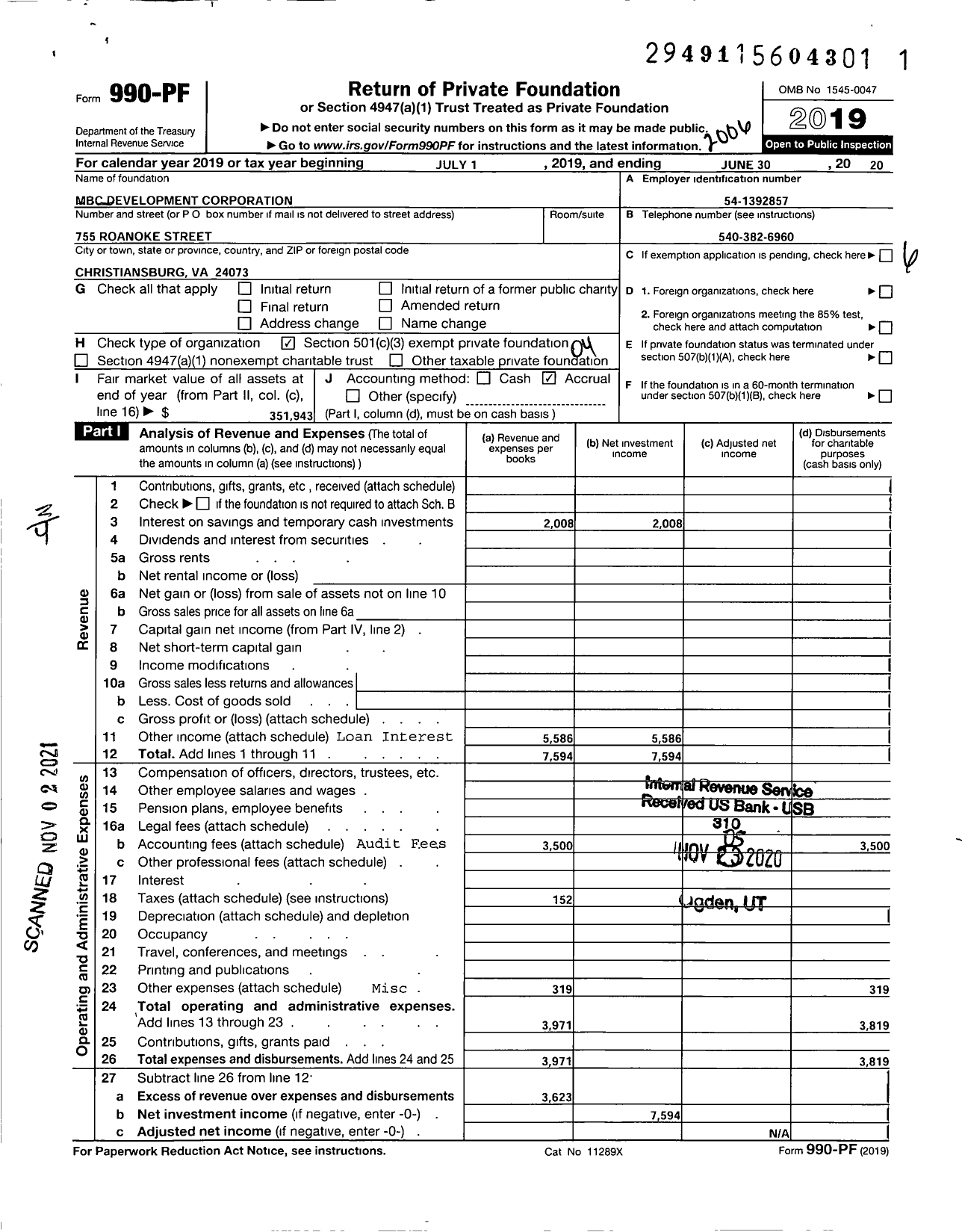 Image of first page of 2019 Form 990PF for MBC Development Corporation