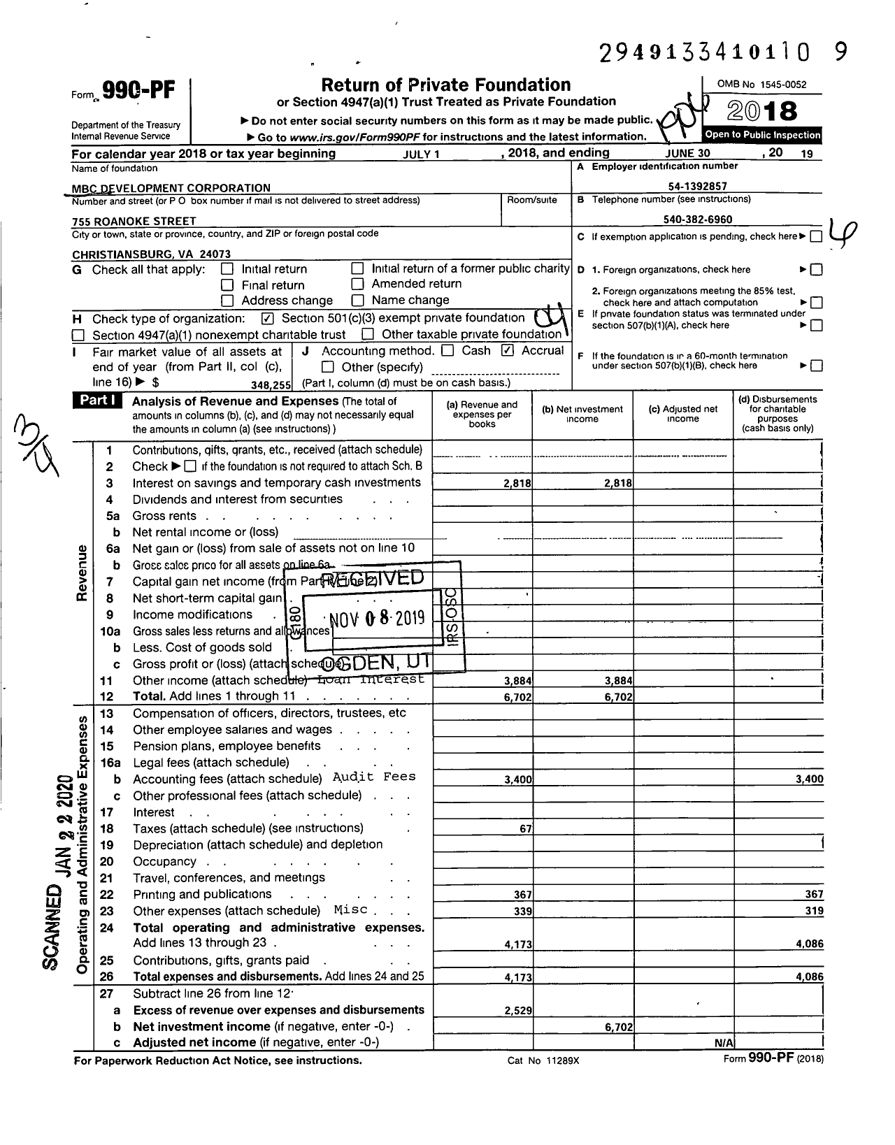 Image of first page of 2018 Form 990PF for MBC Development Corporation