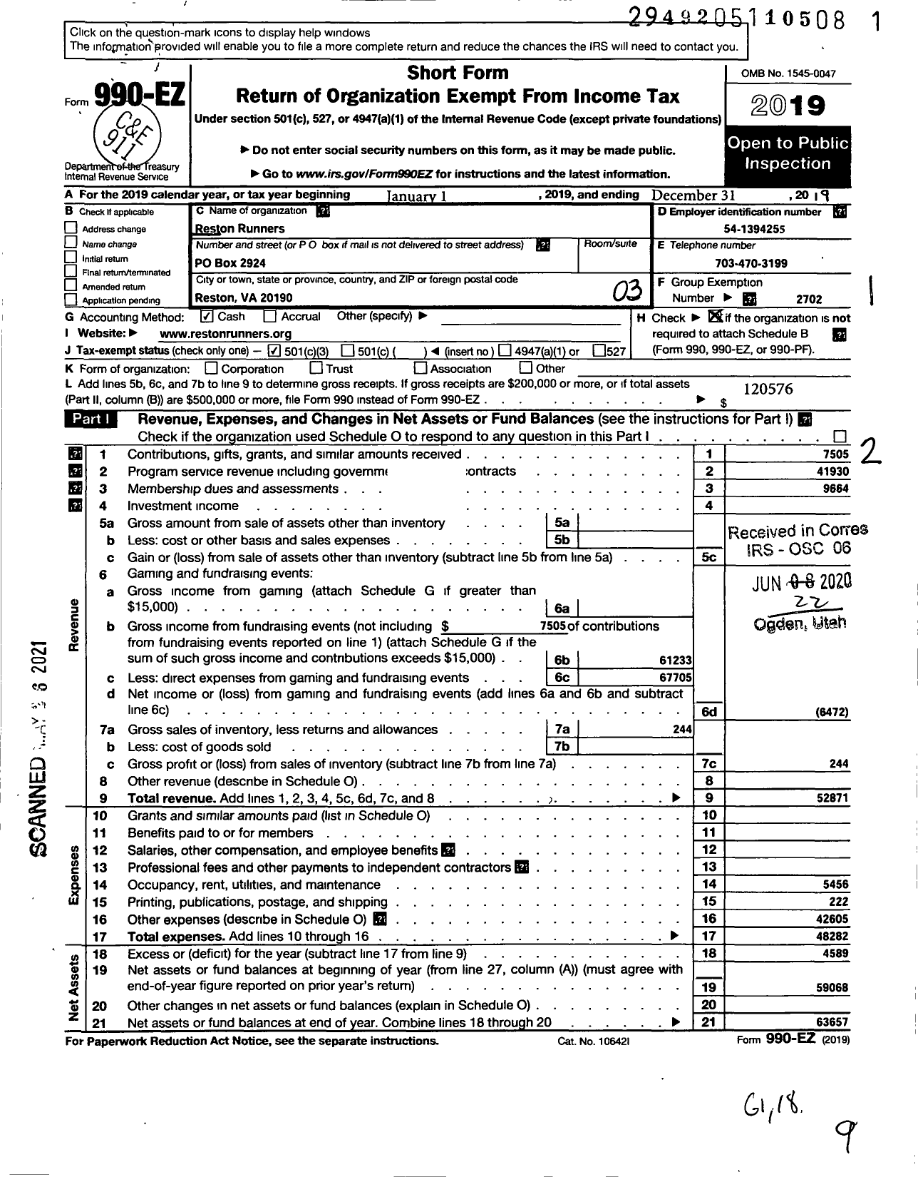 Image of first page of 2019 Form 990EZ for Reston Runners