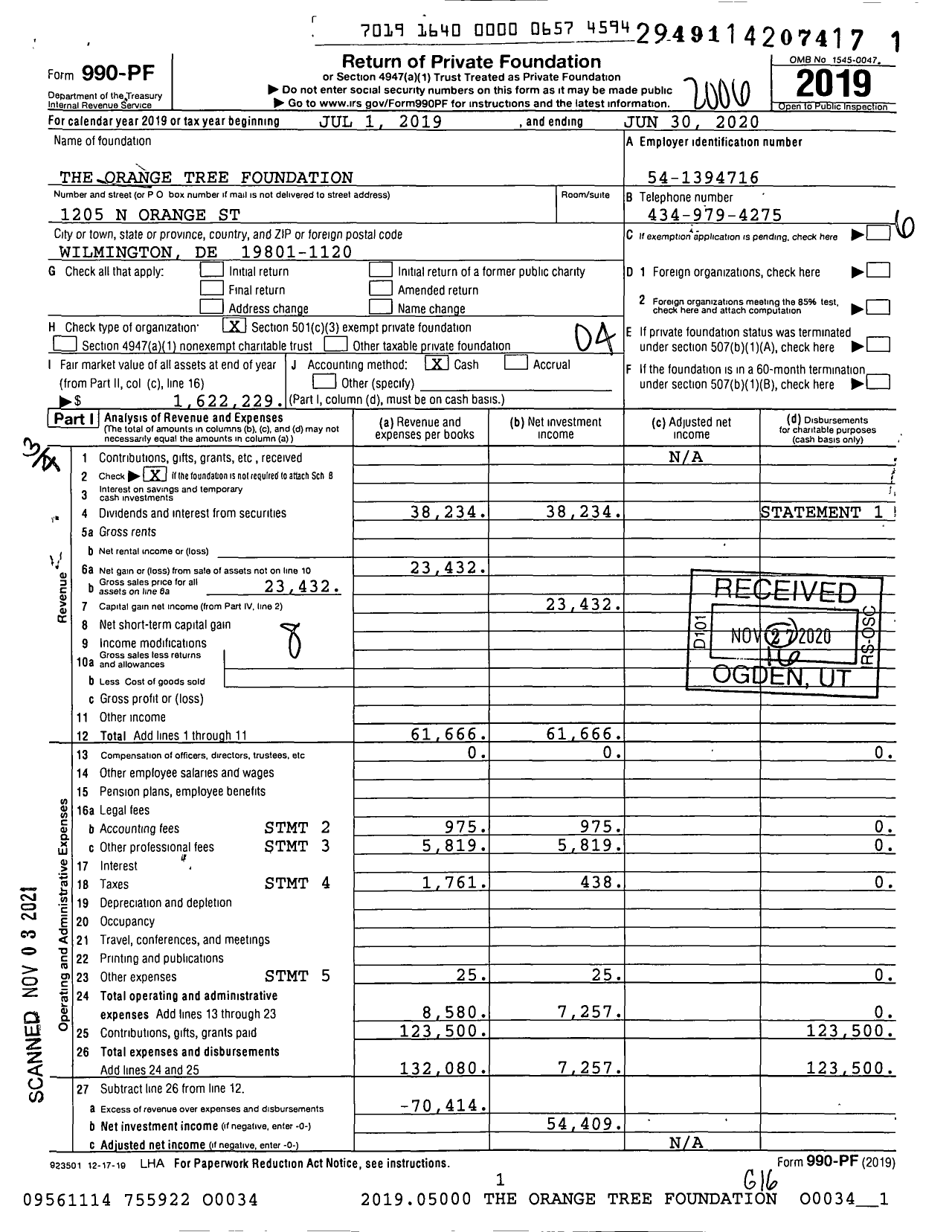 Image of first page of 2019 Form 990PF for The Orange Tree Foundation