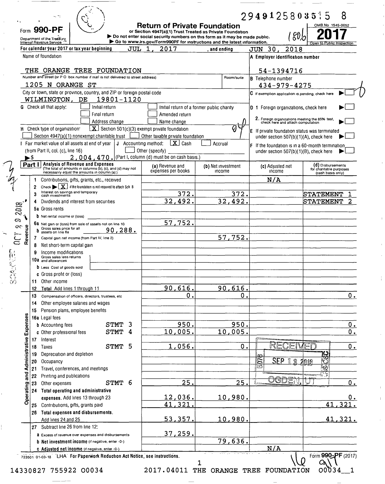 Image of first page of 2017 Form 990PF for The Orange Tree Foundation