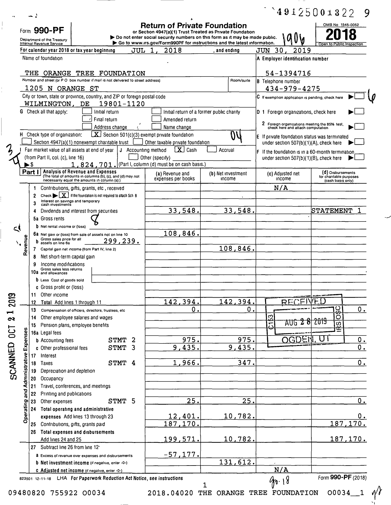 Image of first page of 2018 Form 990PF for The Orange Tree Foundation