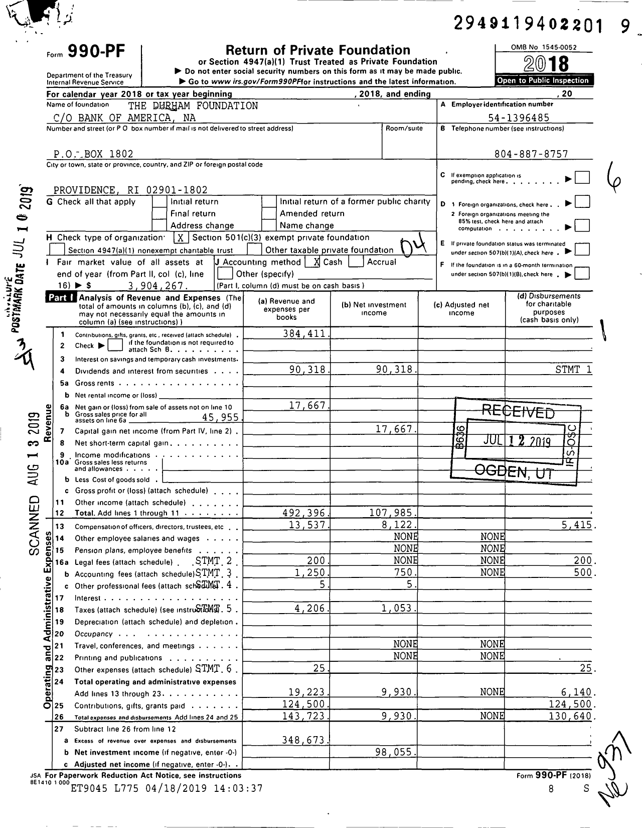 Image of first page of 2018 Form 990PF for The Durham Foundation