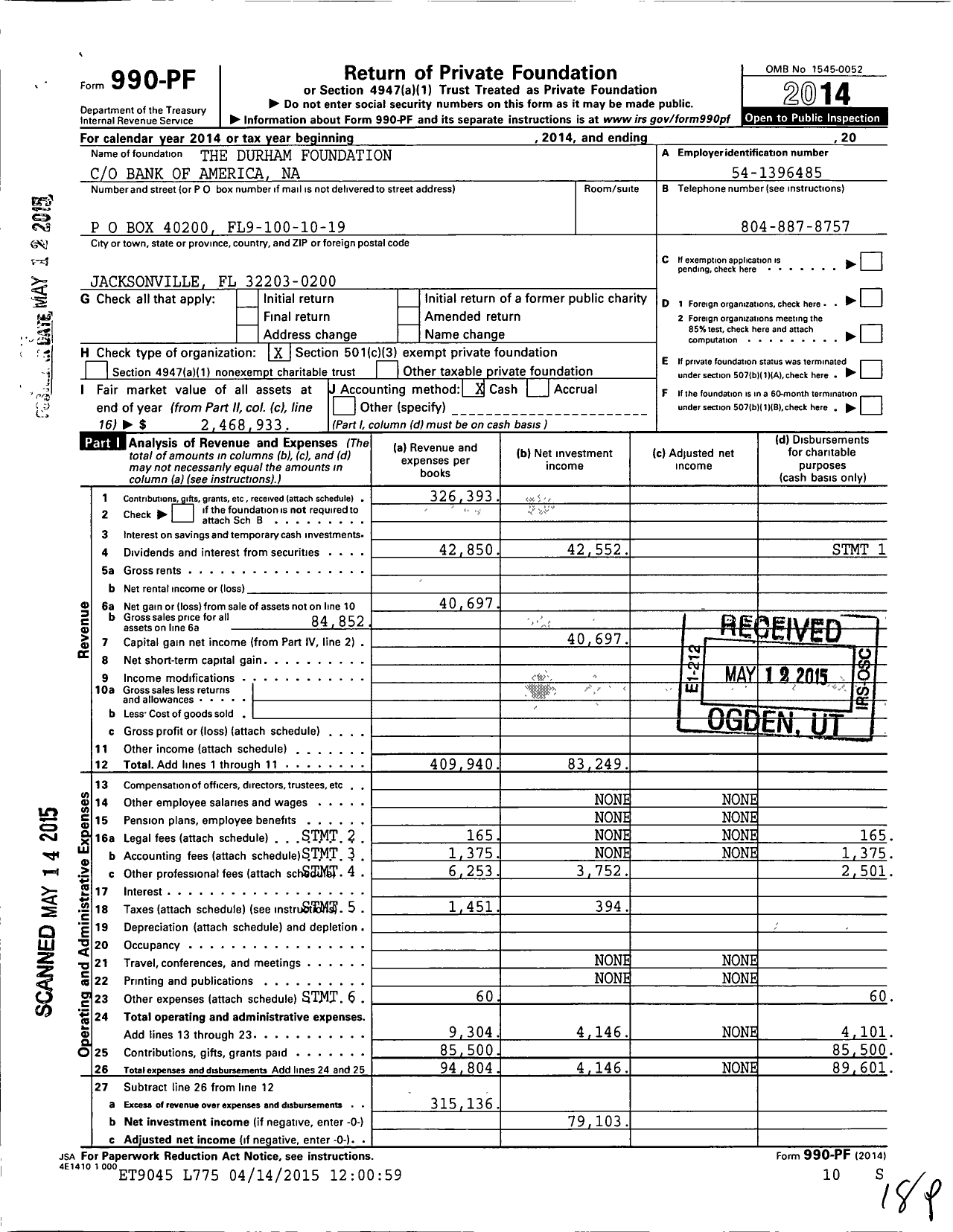 Image of first page of 2014 Form 990PF for The Durham Foundation