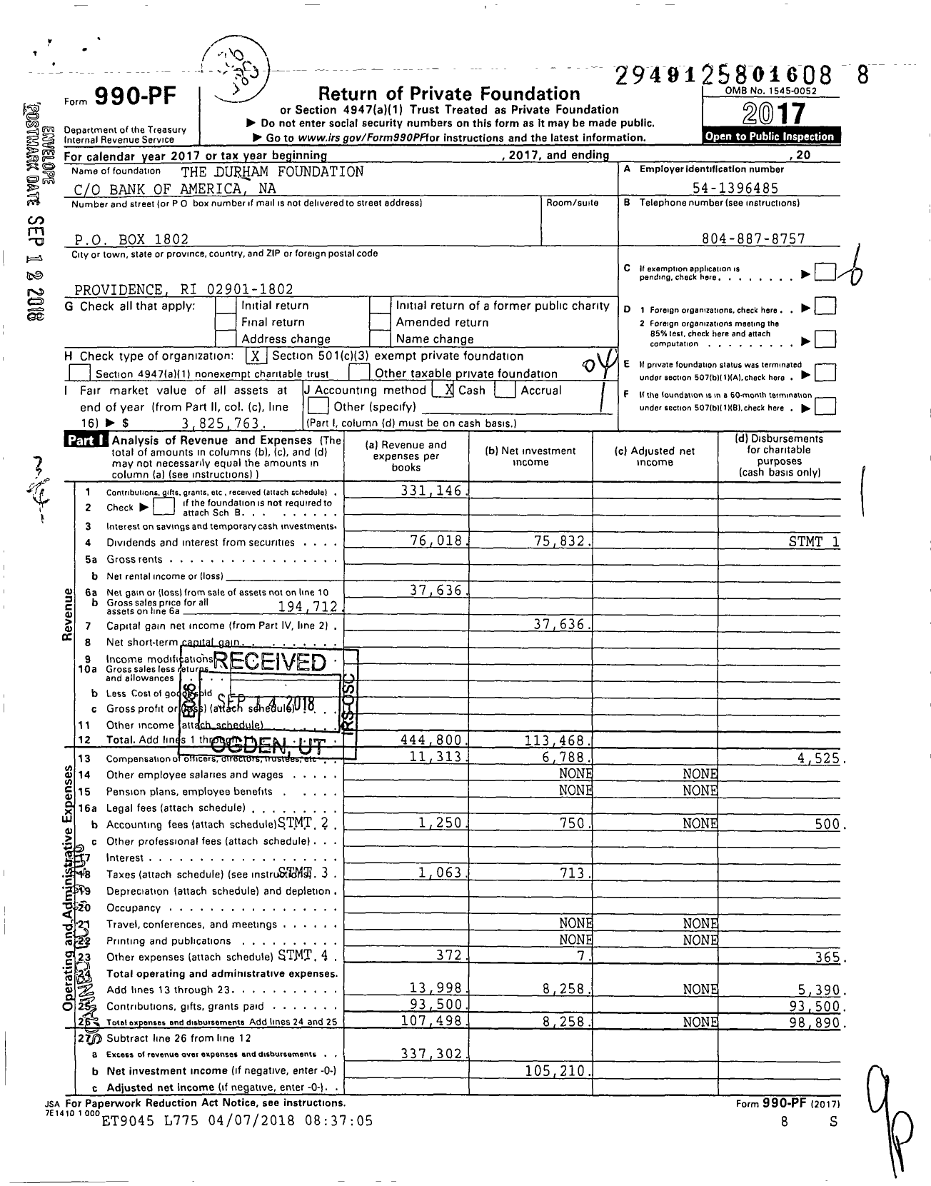 Image of first page of 2017 Form 990PF for The Durham Foundation