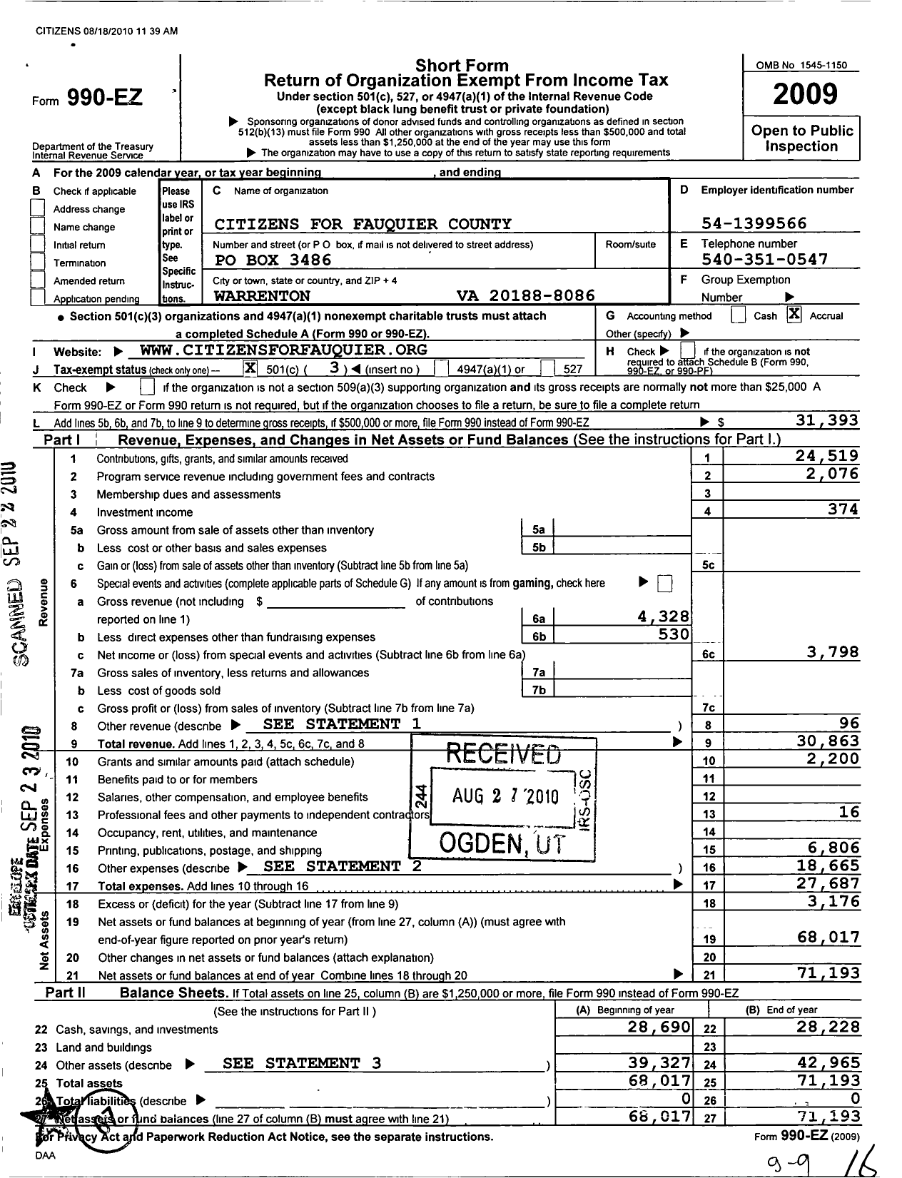 Image of first page of 2009 Form 990EZ for Citizens for Fauquier County