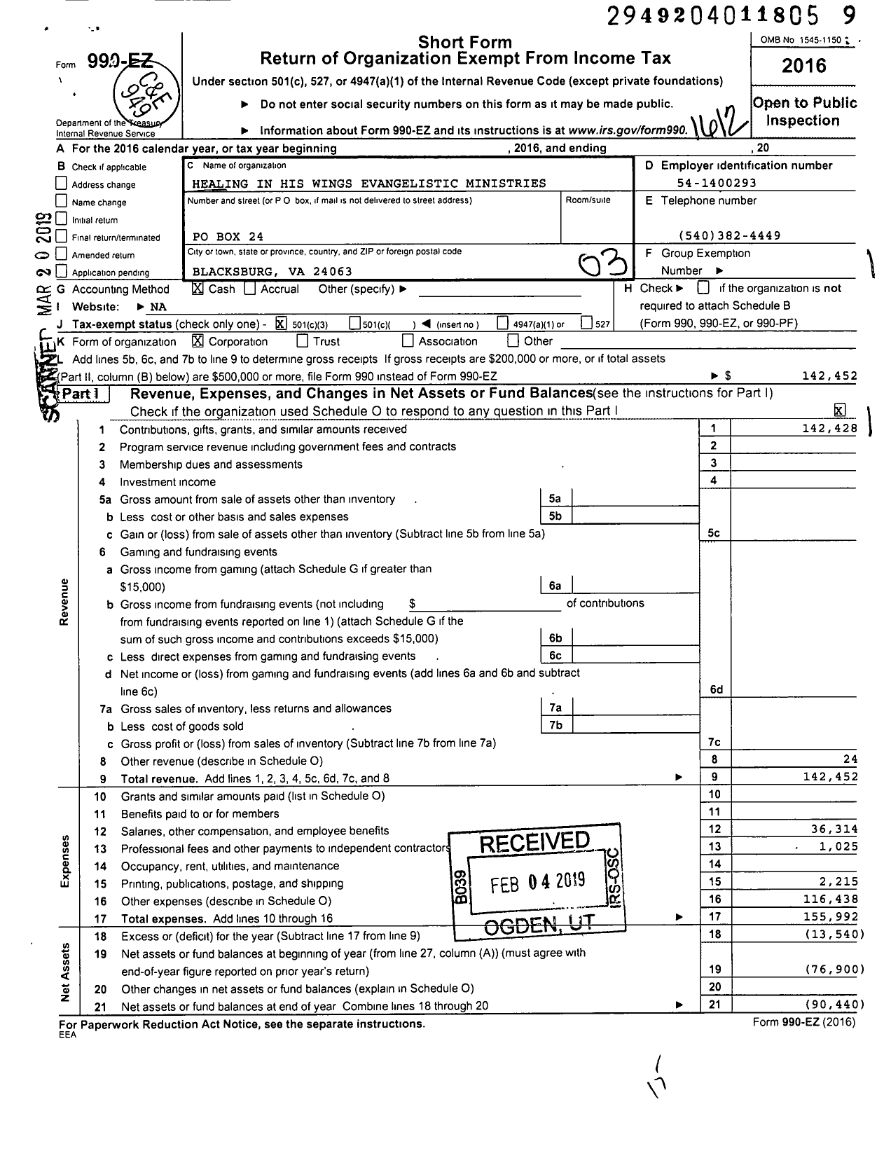 Image of first page of 2016 Form 990EZ for Healing in His Wings Evangelistic Ministries