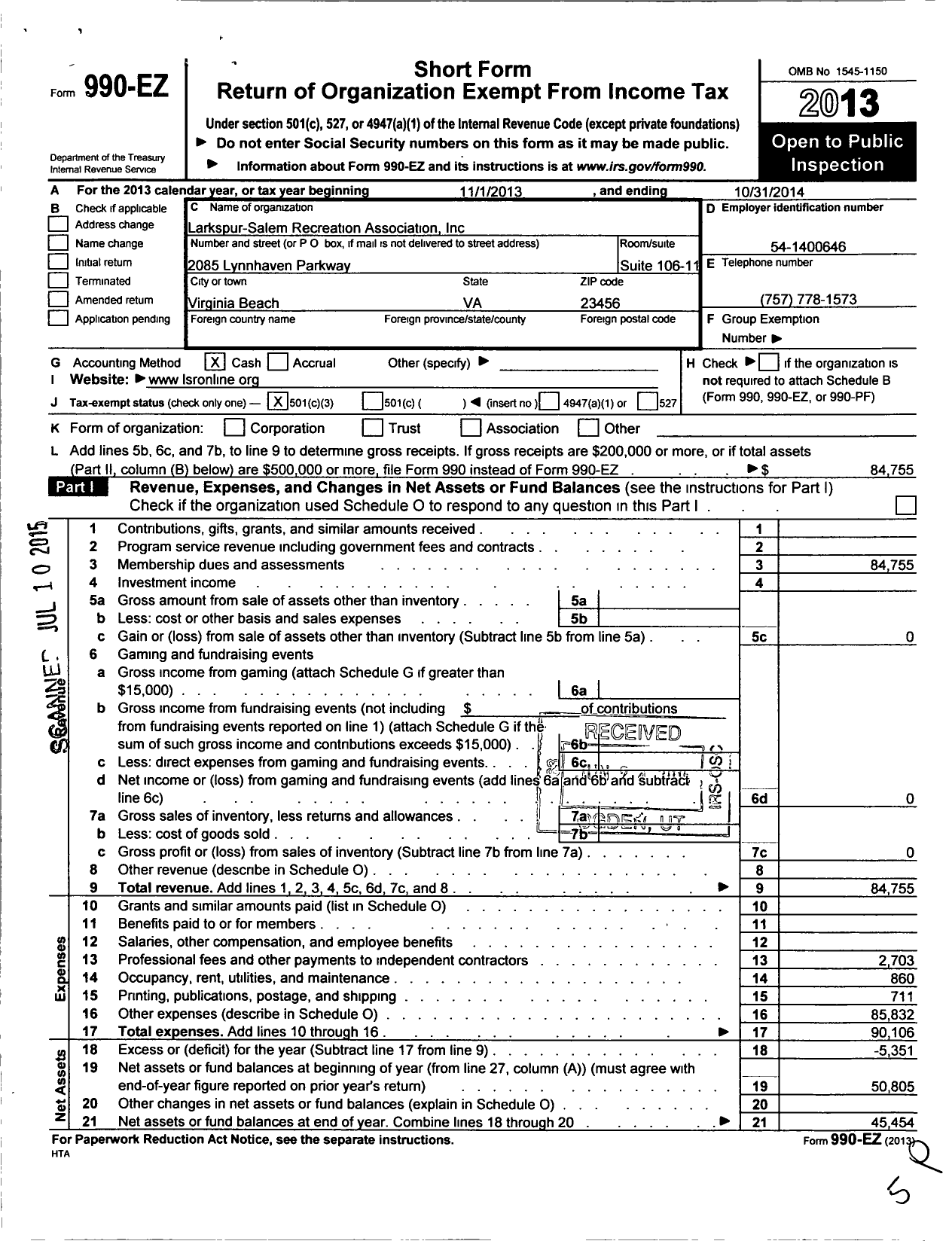 Image of first page of 2013 Form 990EZ for Larkspur-Salem Recreation Association