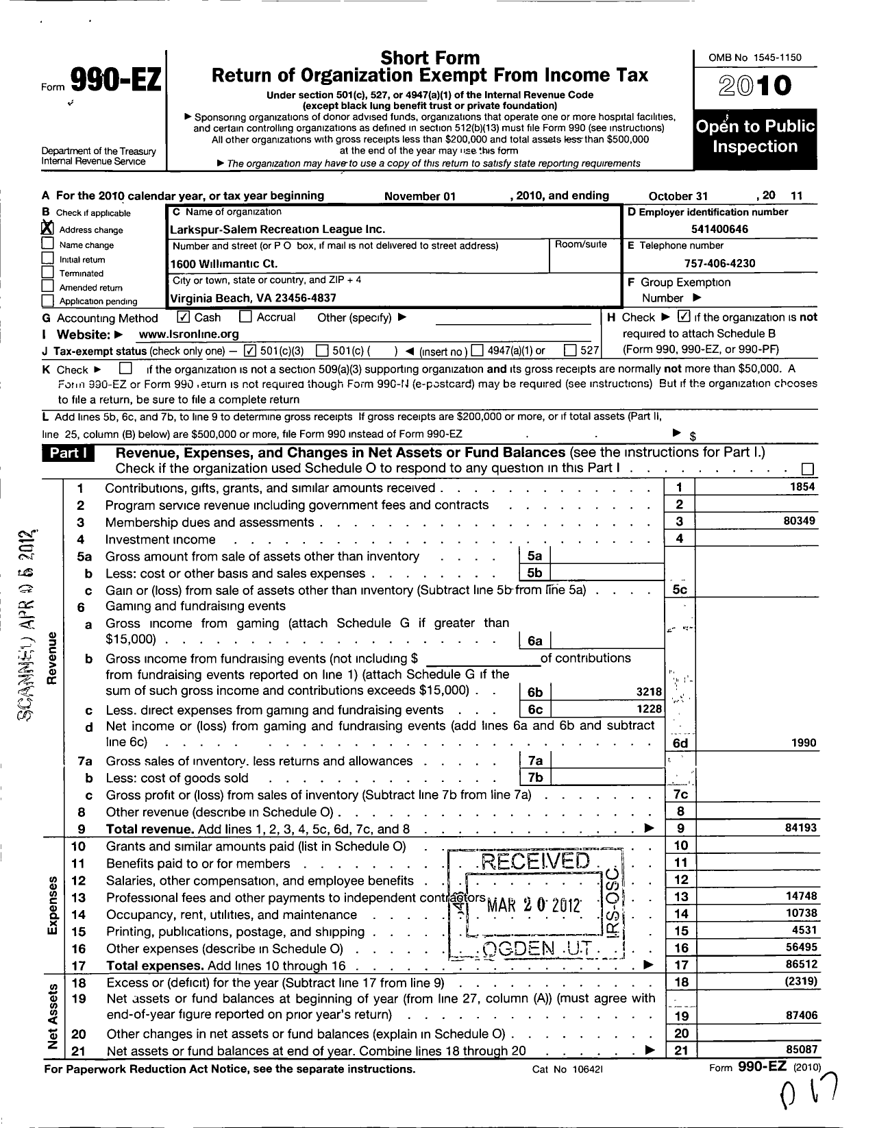 Image of first page of 2010 Form 990EZ for Larkspur-Salem Recreation Association