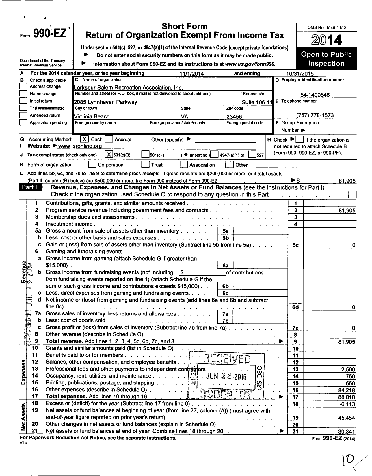 Image of first page of 2014 Form 990EZ for Larkspur-Salem Recreation Association