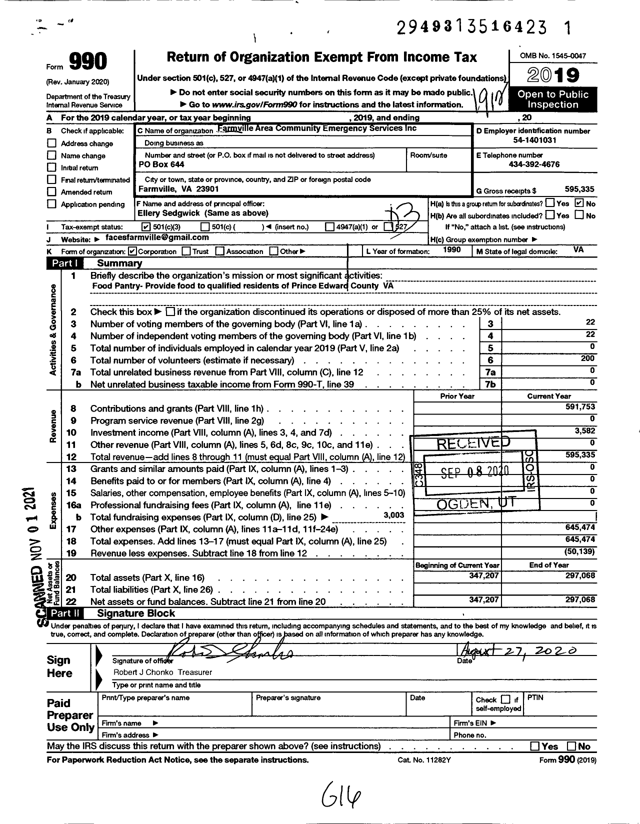 Image of first page of 2019 Form 990 for Farmville Area Community Emergency Services