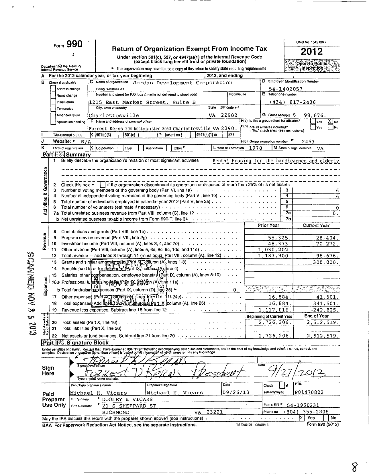 Image of first page of 2012 Form 990 for Jordan Development Corporation