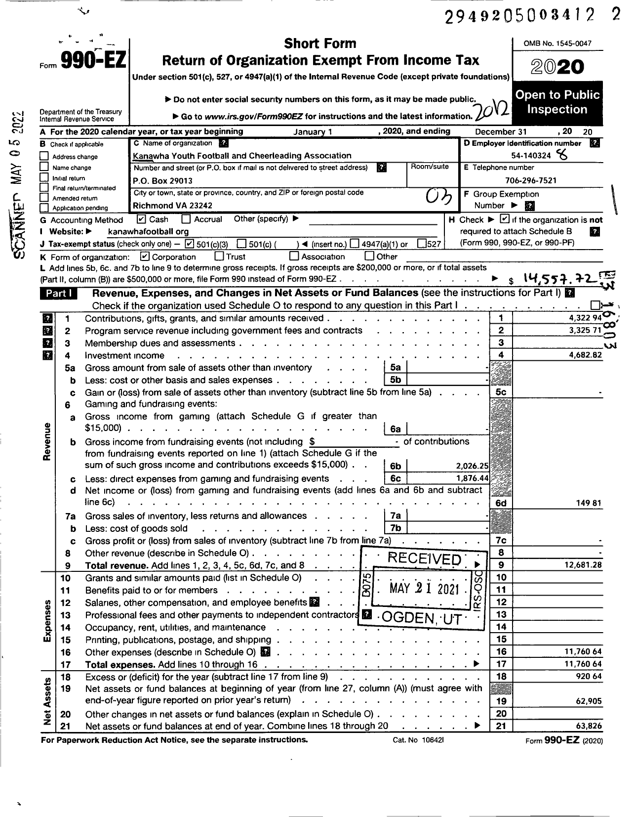 Image of first page of 2020 Form 990EZ for Kanawha Youth Football Association