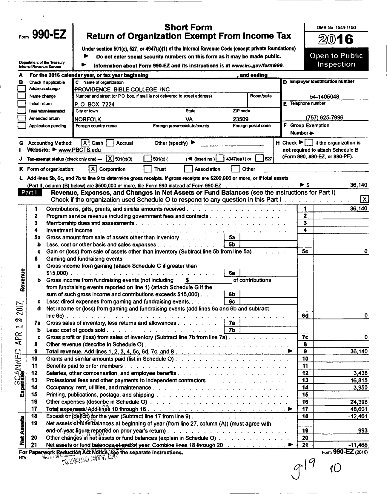 Image of first page of 2016 Form 990EZ for Providence Bible College