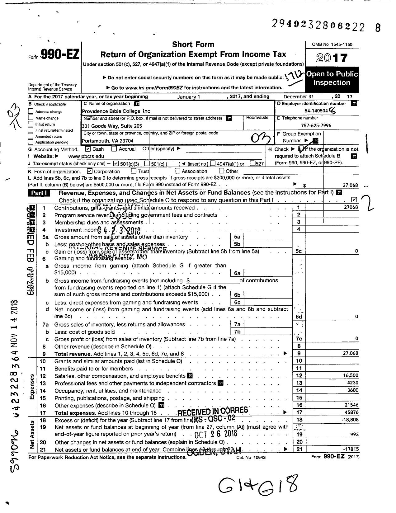 Image of first page of 2017 Form 990EZ for Providence Bible College