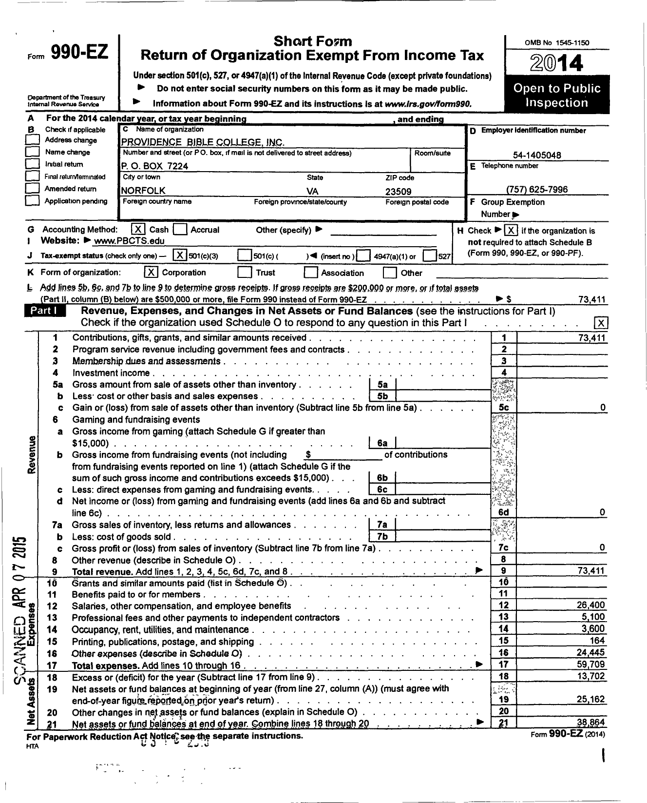 Image of first page of 2014 Form 990EZ for Providence Bible College