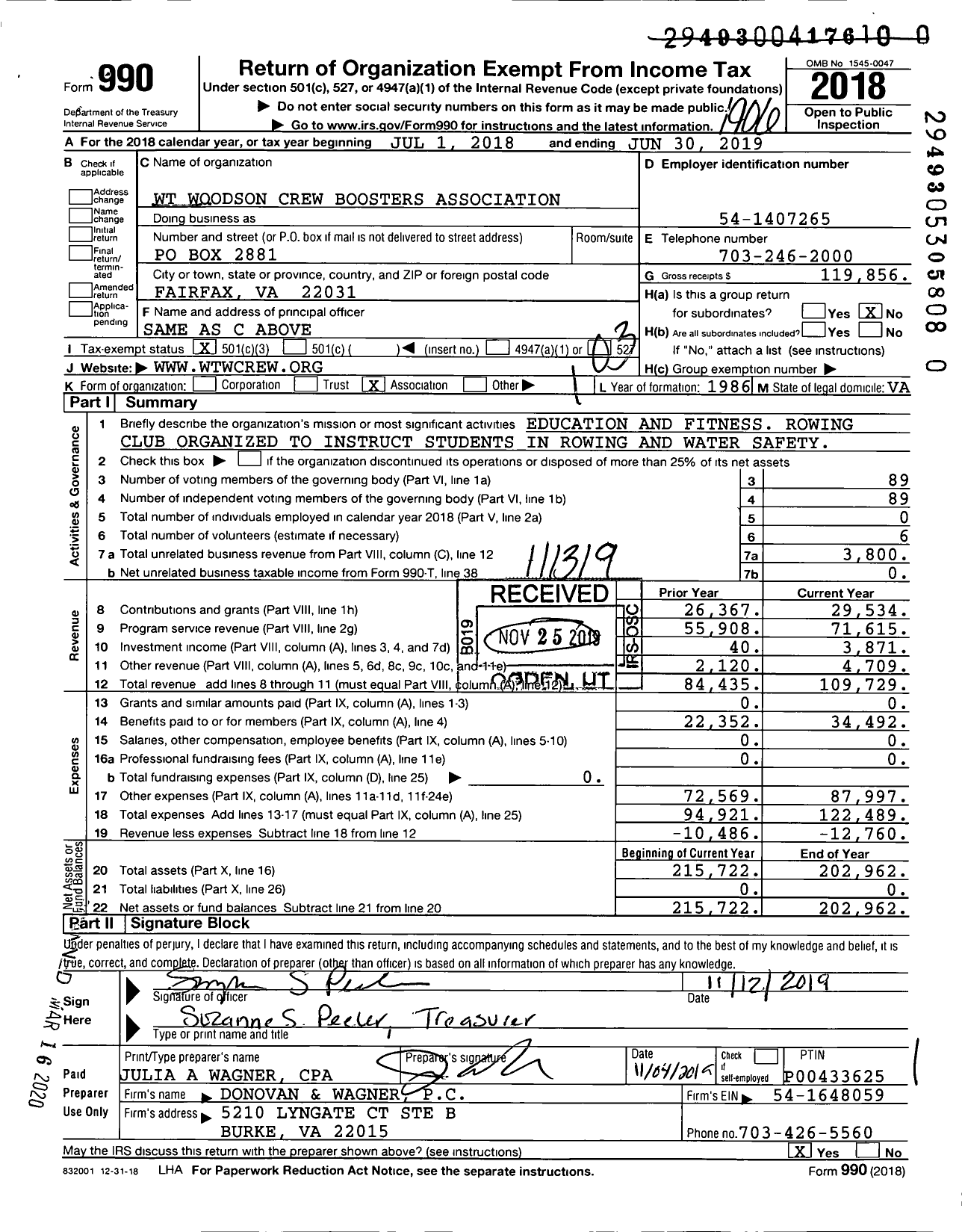 Image of first page of 2018 Form 990 for WT Woodson Crew Boosters Association Incorporated