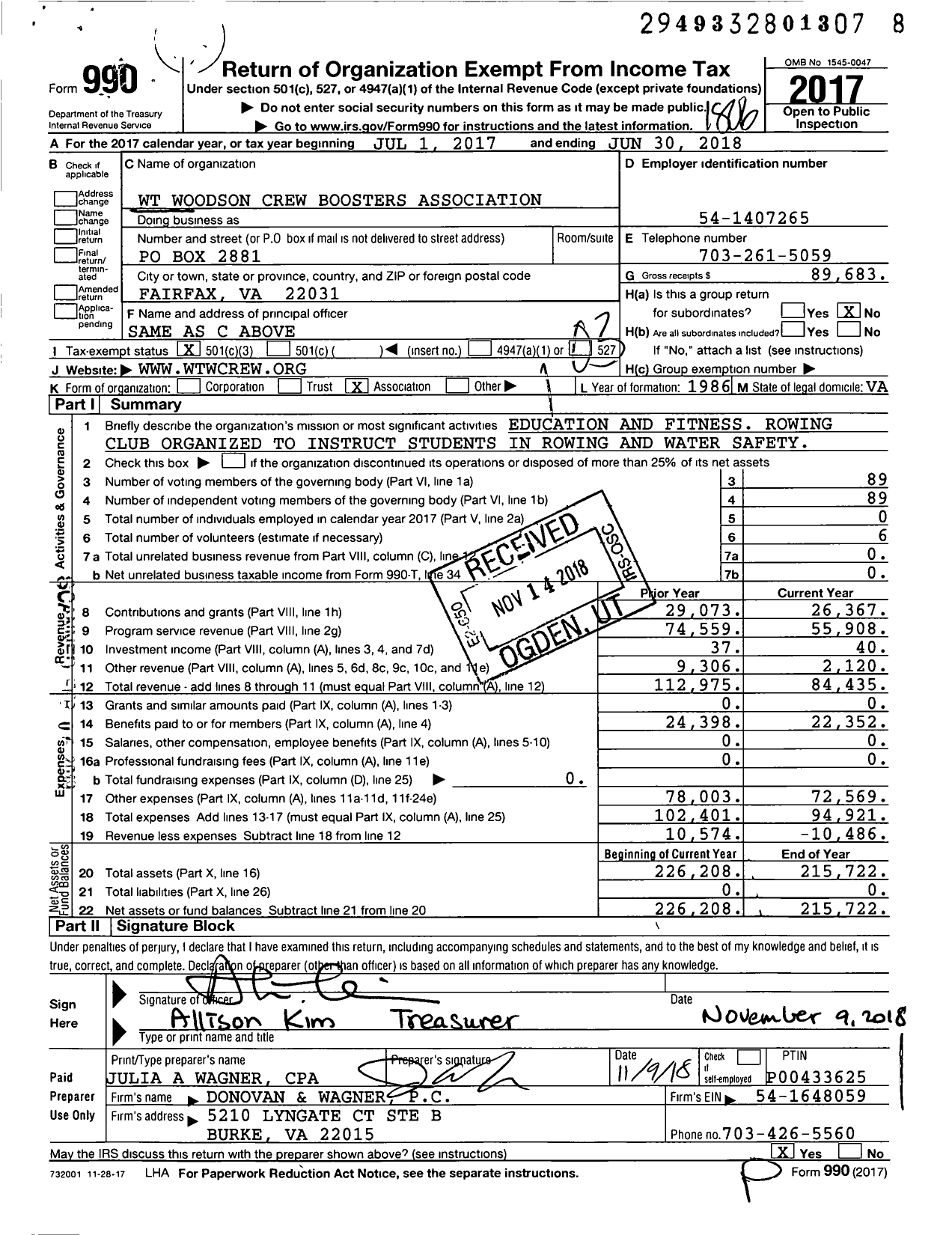 Image of first page of 2017 Form 990 for WT Woodson Crew Boosters Association Incorporated