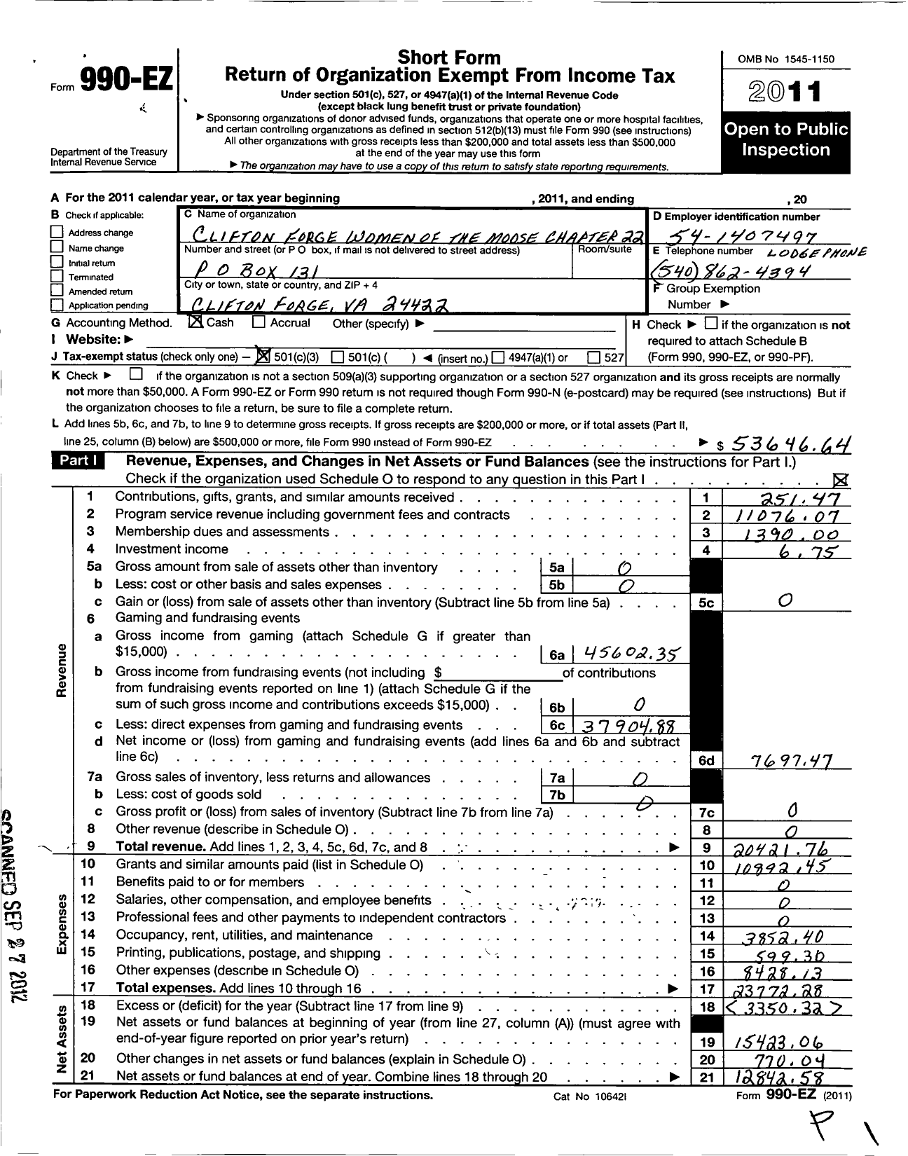 Image of first page of 2011 Form 990EZ for Loyal Order of Moose - 22