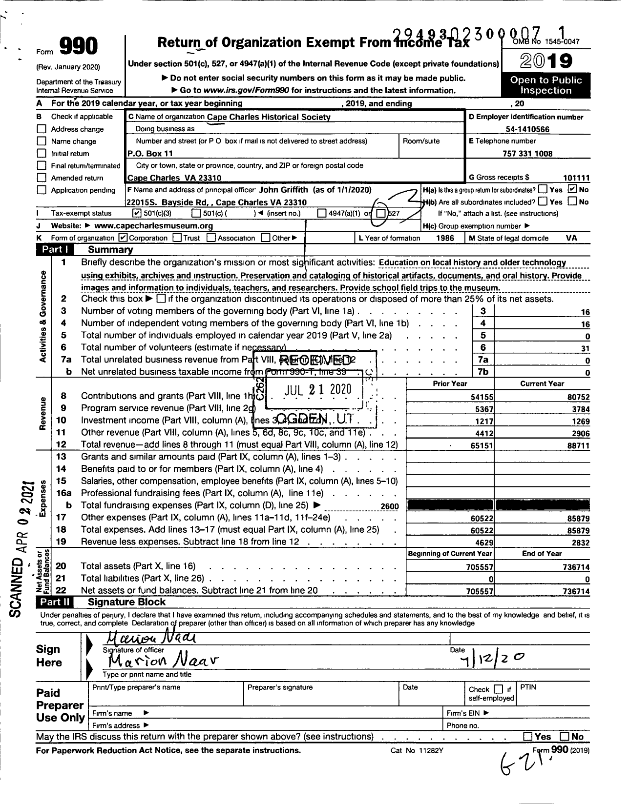 Image of first page of 2019 Form 990 for Cape Charles Historical Society