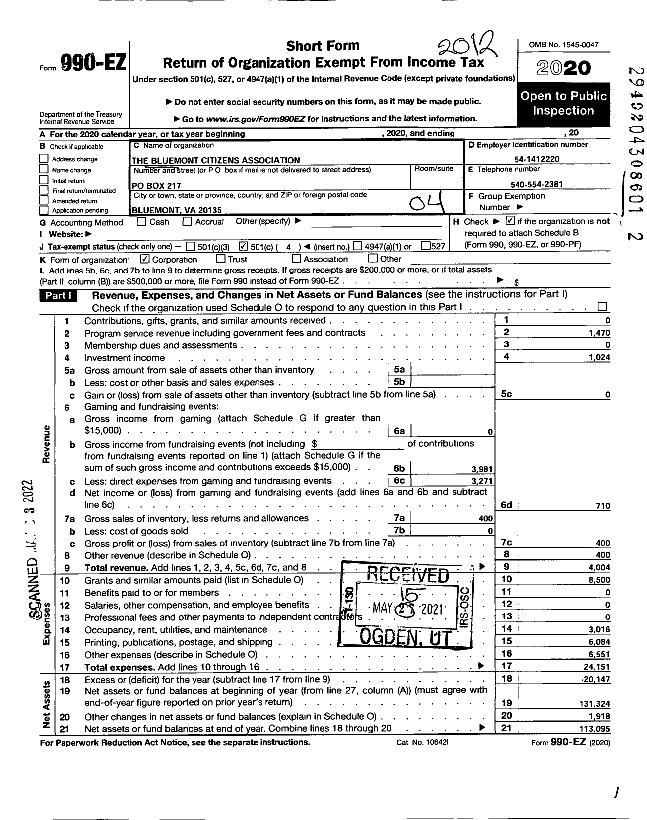 Image of first page of 2020 Form 990EO for The Bluemont Citizens Association