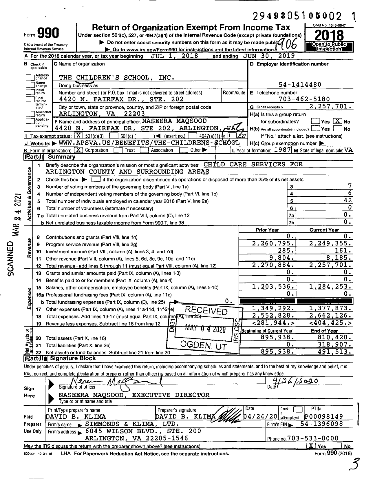 Image of first page of 2018 Form 990 for The Childrens School