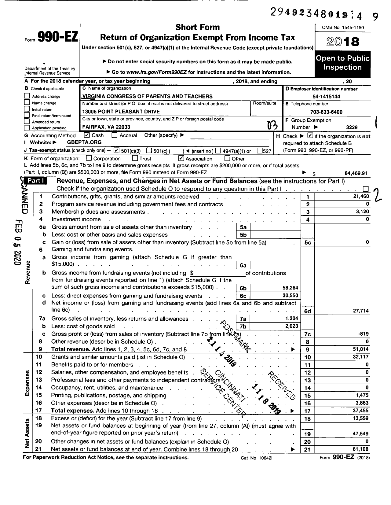 Image of first page of 2018 Form 990EZ for Virginia PTA - Greenbriar East Elem PTA