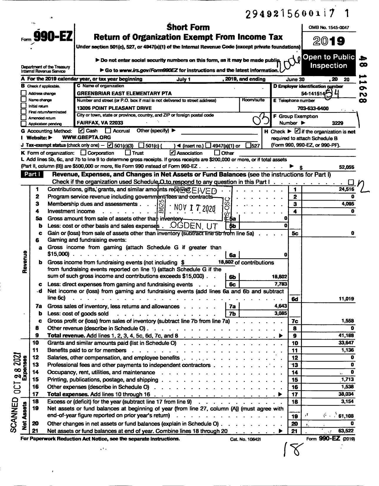 Image of first page of 2019 Form 990EZ for Virginia PTA - Greenbriar East Elem PTA