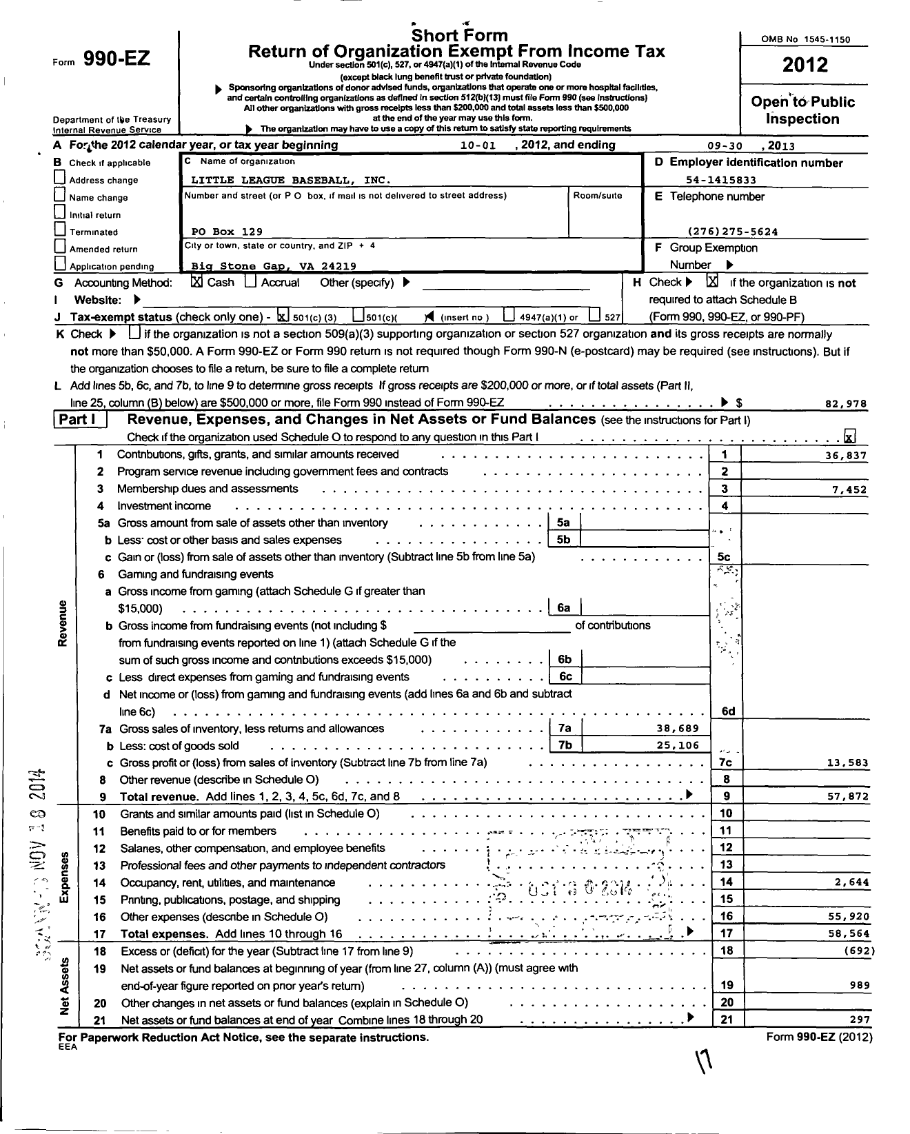 Image of first page of 2012 Form 990EZ for Little League Baseball - 3461302 Big Stone Gap LL