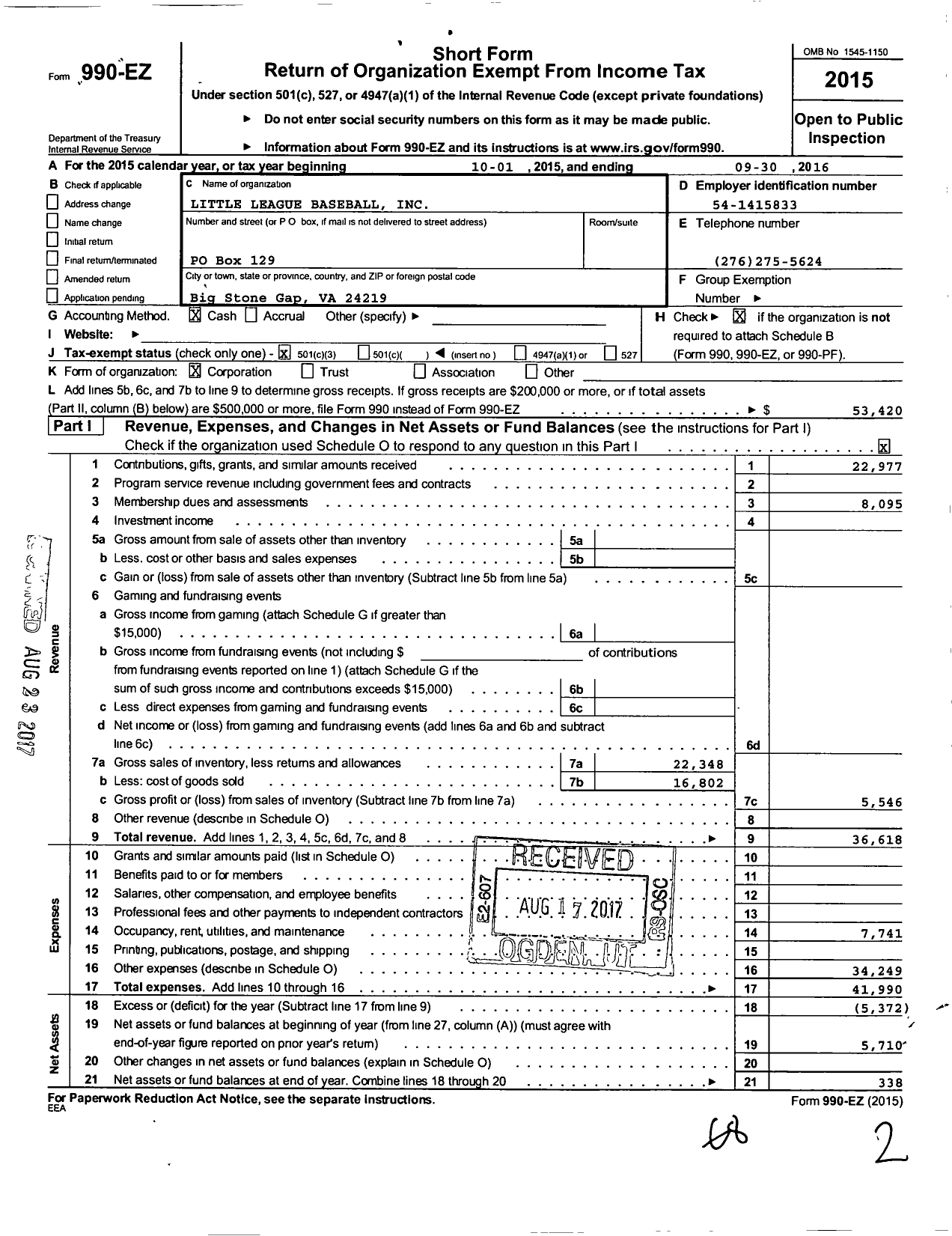 Image of first page of 2015 Form 990EZ for Little League Baseball - 3461302 Big Stone Gap LL