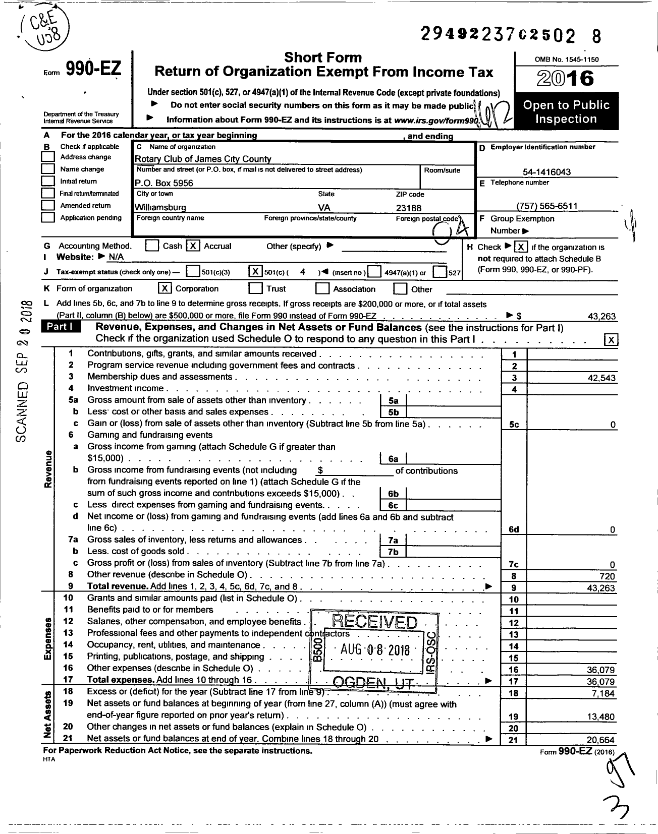 Image of first page of 2016 Form 990EO for Rotary International - James City County Rotary Club